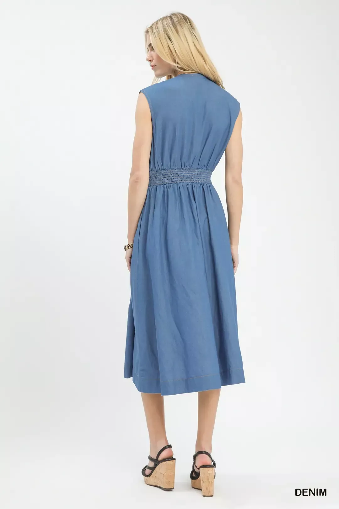 Umgee Denim Sleeveless Zip-Front Smocked Waist Midi Dress - Image 3