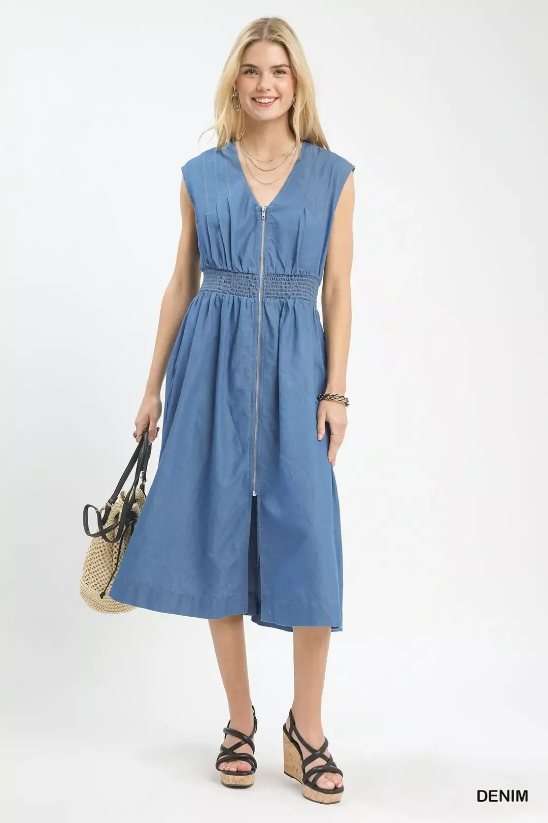 Umgee Denim Sleeveless Zip-Front Smocked Waist Midi Dress - Image 4