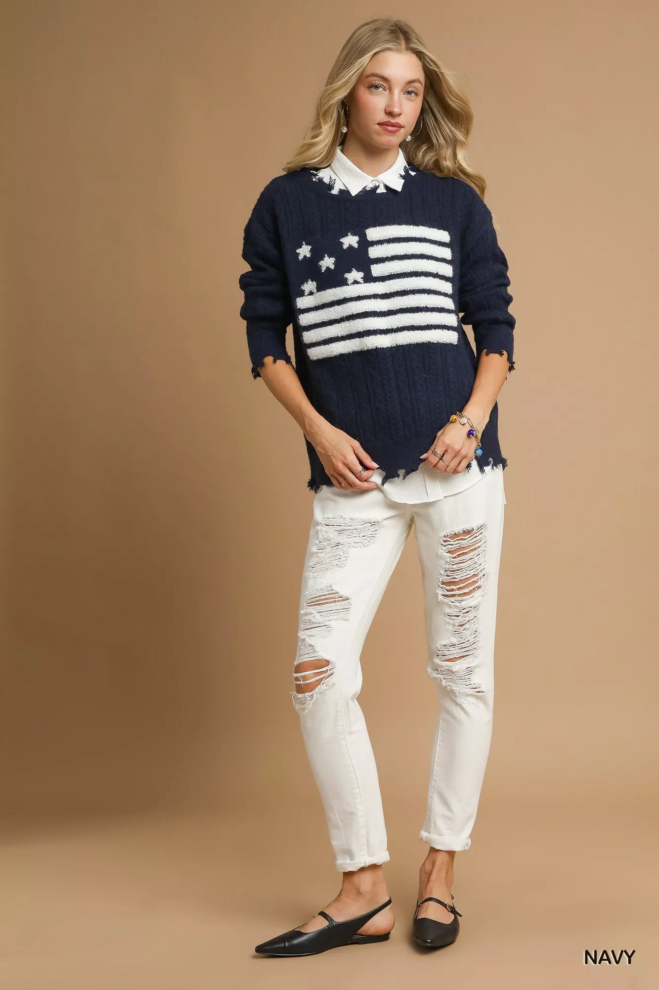 Umgee Distressed American Flag Sweater - Image 3