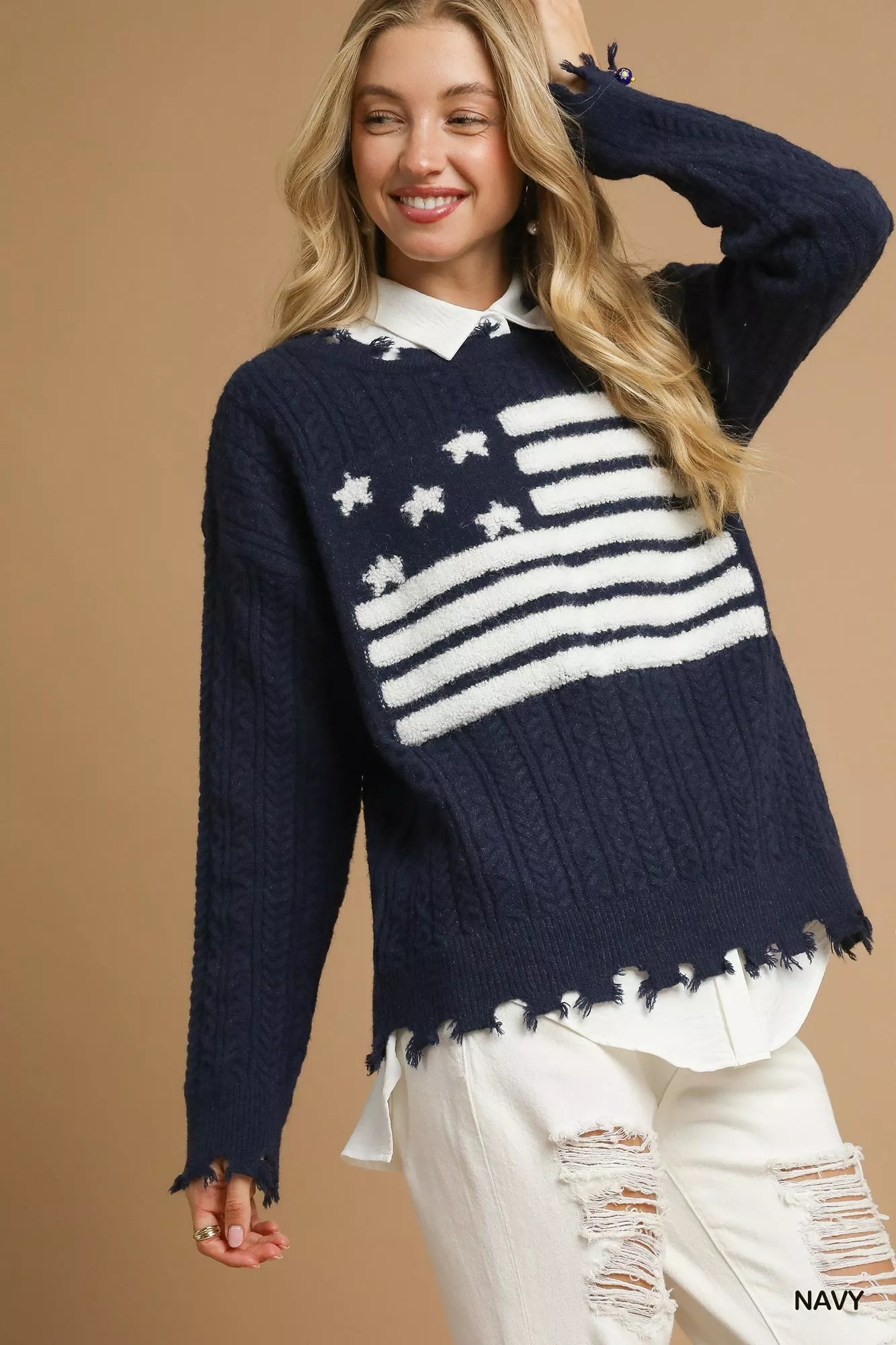 Umgee Distressed American Flag Sweater - Image 4