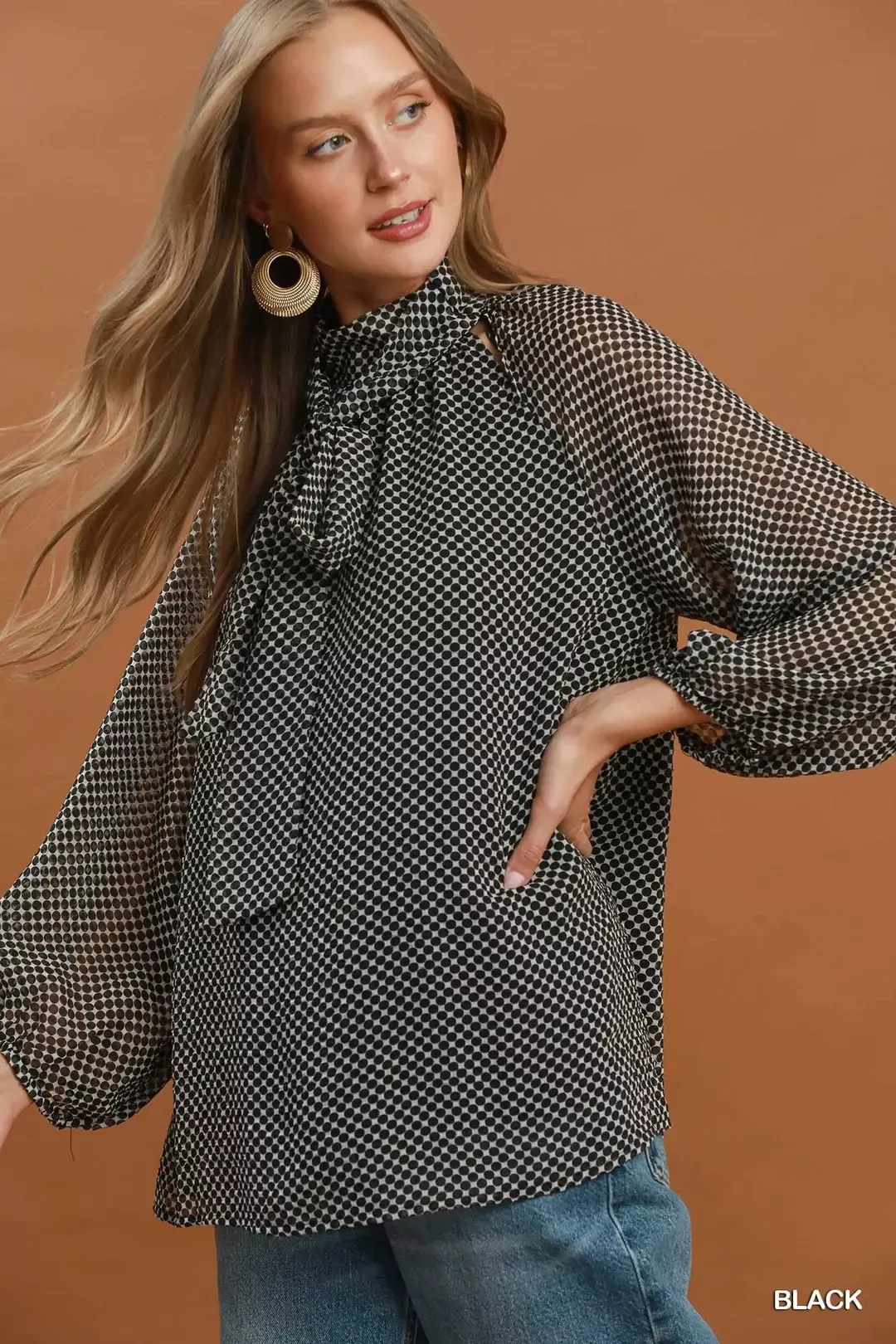 Umgee Dot Print Tie Neck Long Sleeve Blouse - Image 2