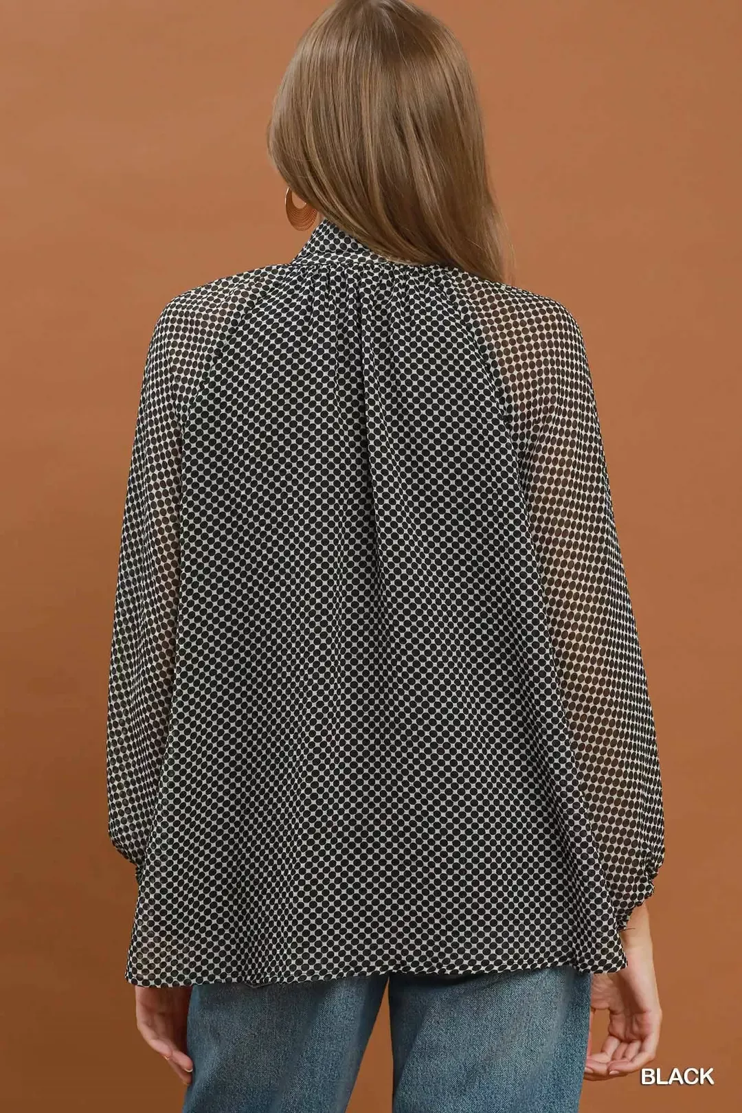 Umgee Dot Print Tie Neck Long Sleeve Blouse - Image 3