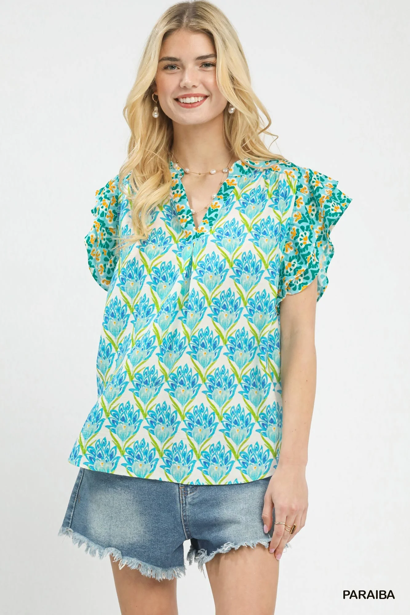 Umgee Double Frill Sleeve Floral Blouse