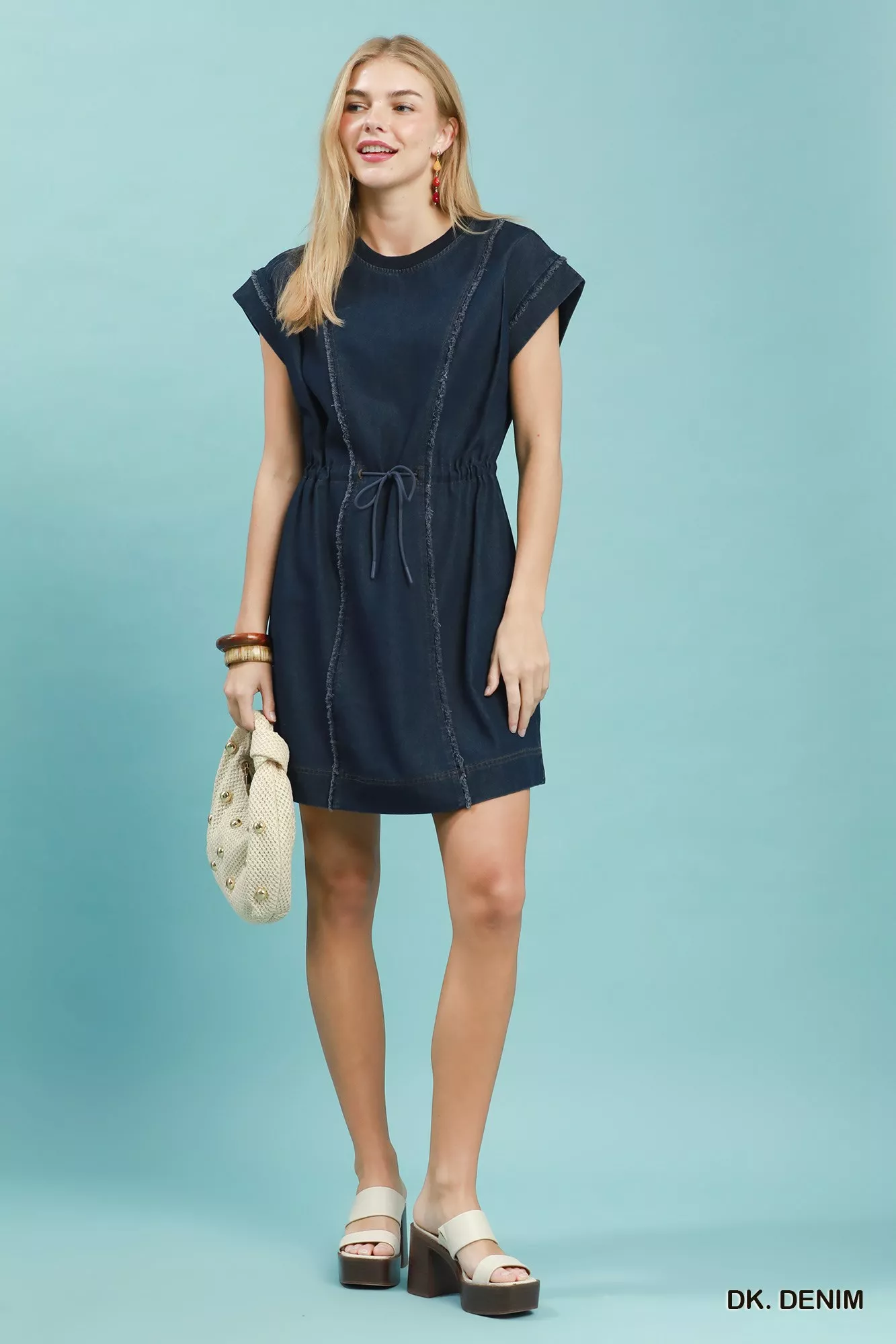 Umgee Drawstring Waist Frayed Denim Mini Dress - Image 4