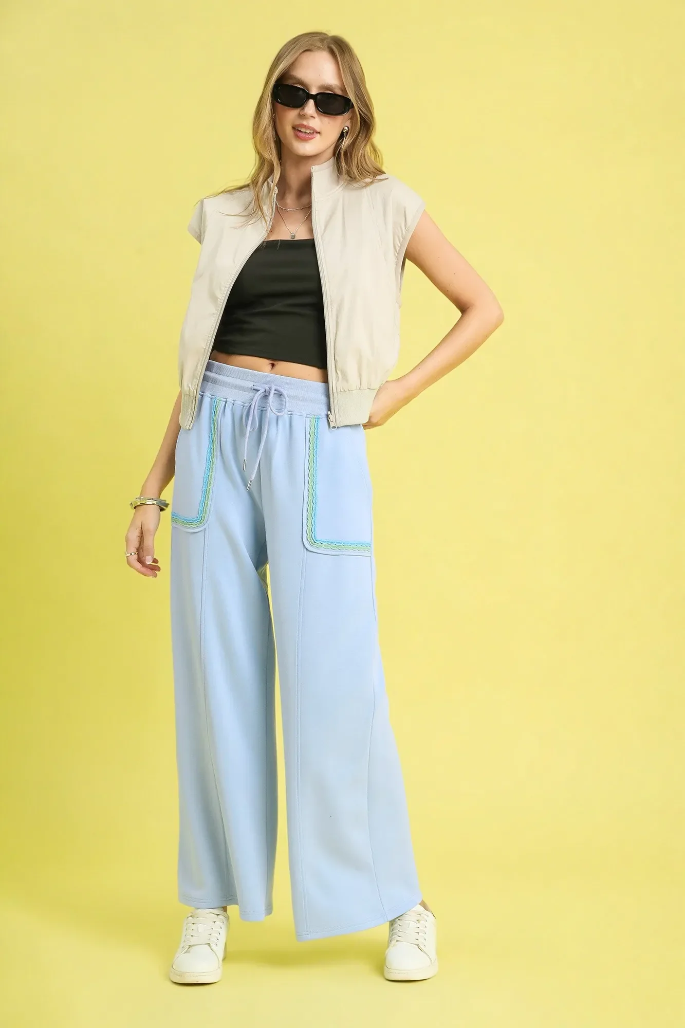 Umgee Drawstring Wide Leg Pants with Scallop Trim Detail - Image 5