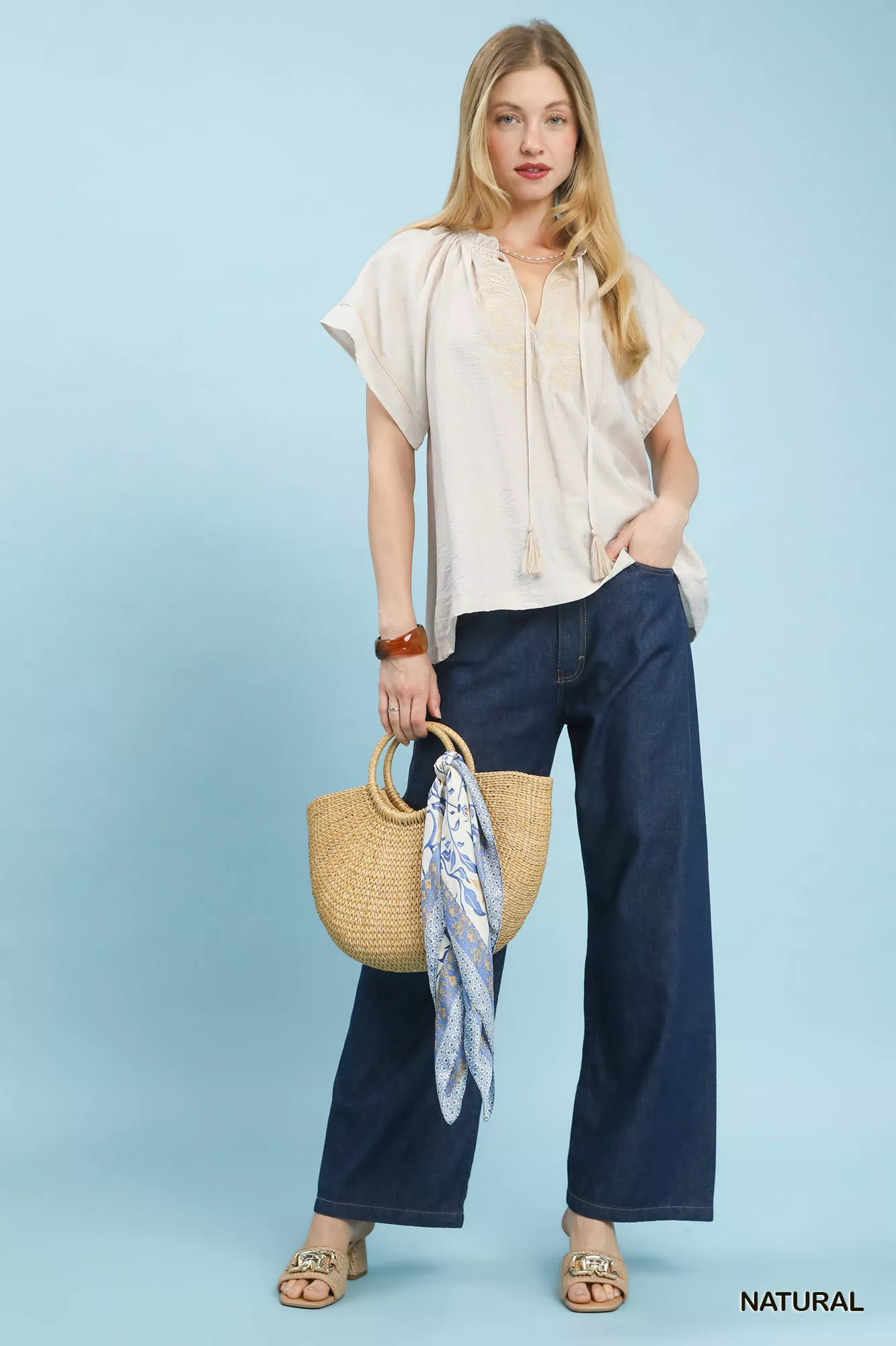 Umgee Embroidered Boho Blouse with Tassel Tie - Image 5