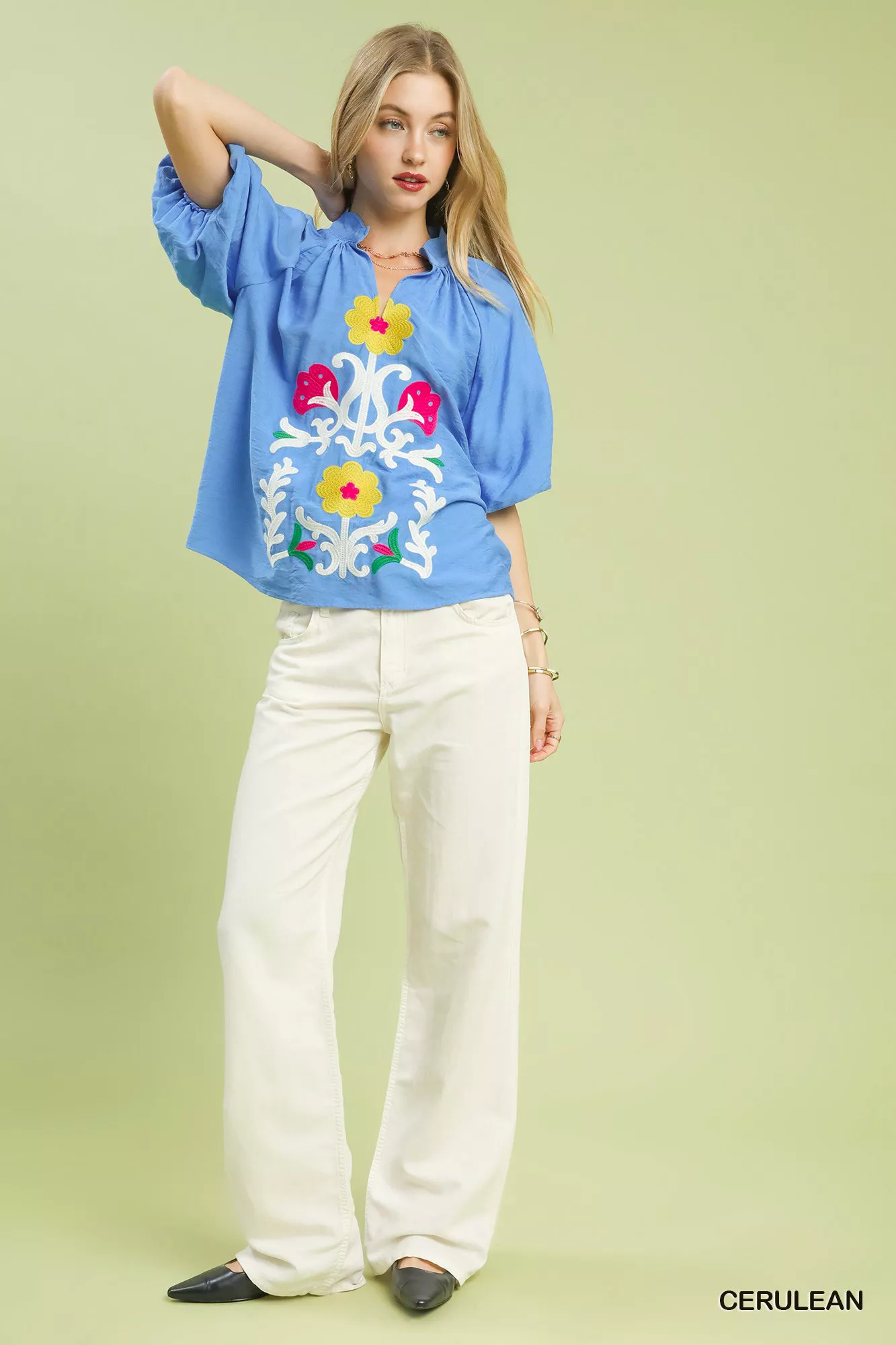 Umgee Embroidered Boho Puff Sleeve Blouse - Image 5