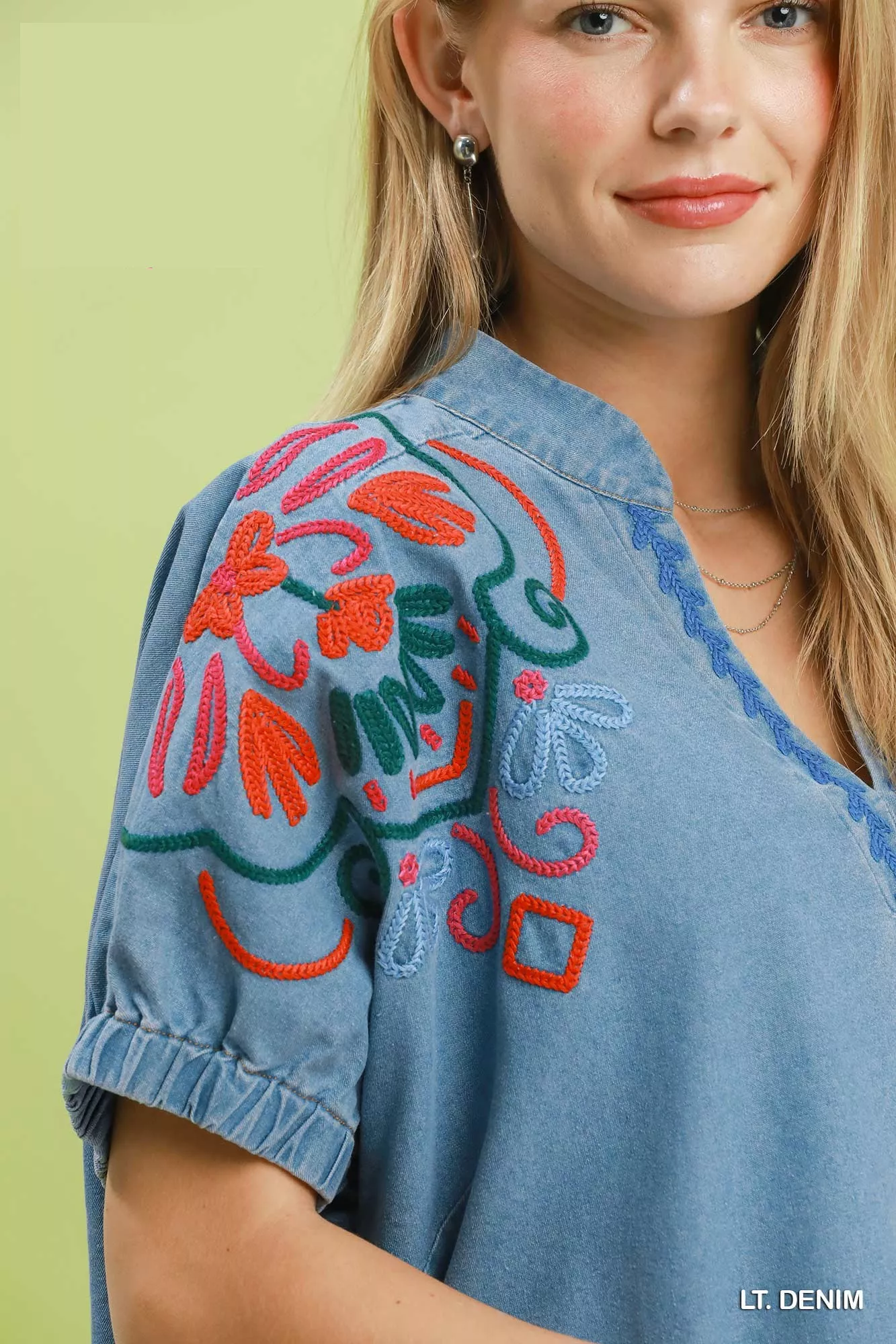 Umgee Embroidered Denim Puff Sleeve Top - Image 4