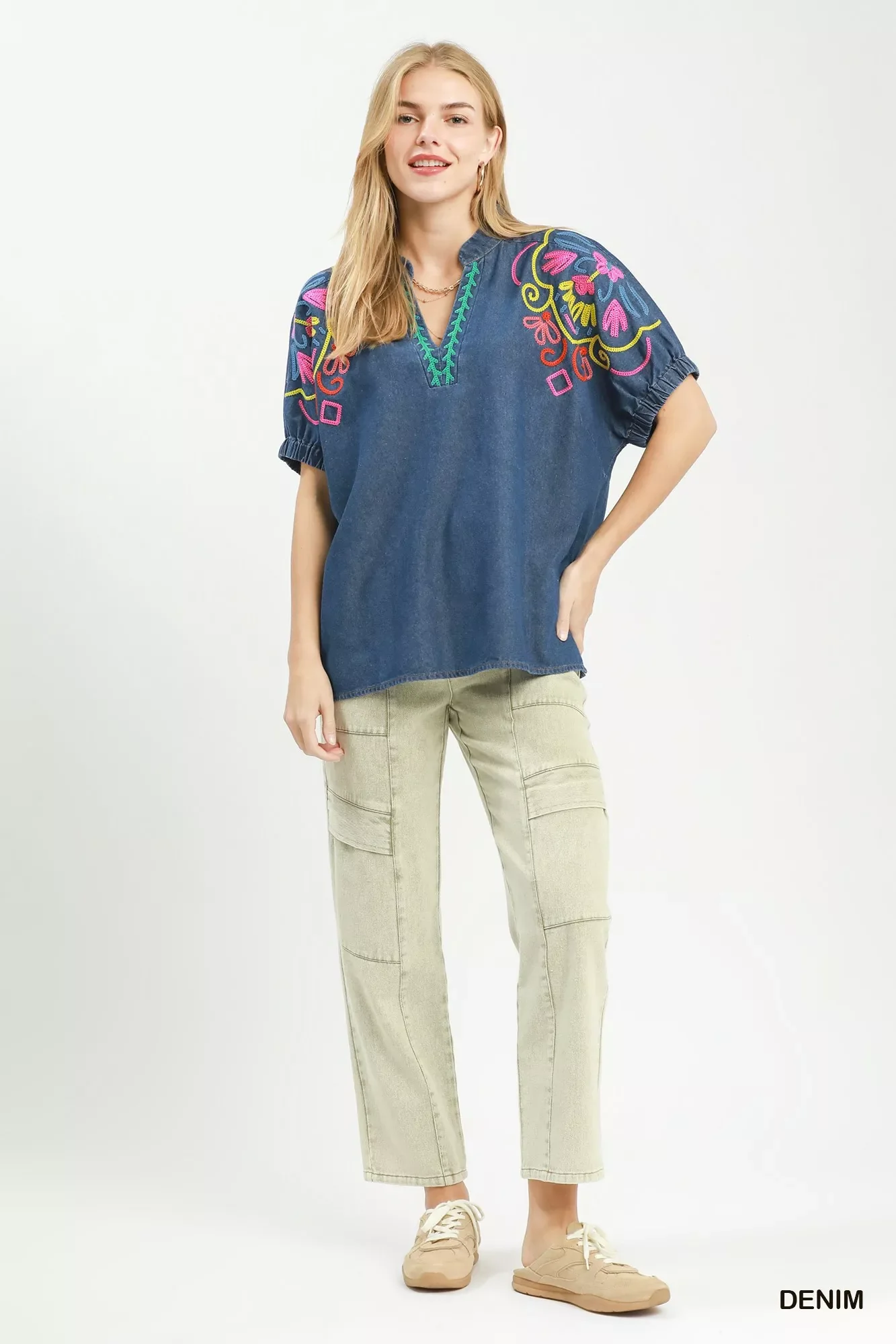 Umgee Embroidered Denim Puff Sleeve Top - Image 2