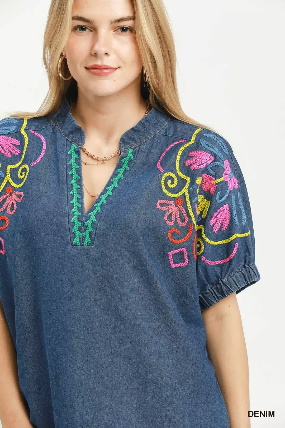 Umgee Embroidered Denim Puff Sleeve Top - Image 5