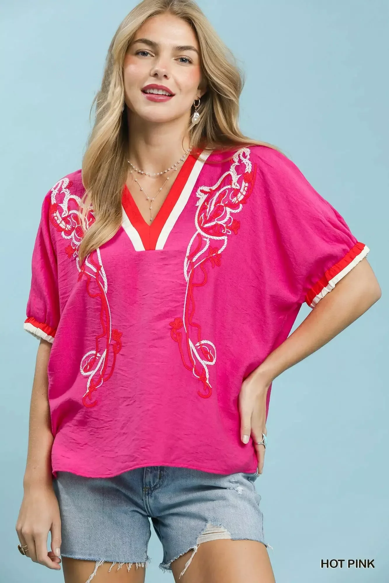 Umgee Embroidered Floral V-Neck Short Sleeve Blouse with Contrast Trim - Image 2