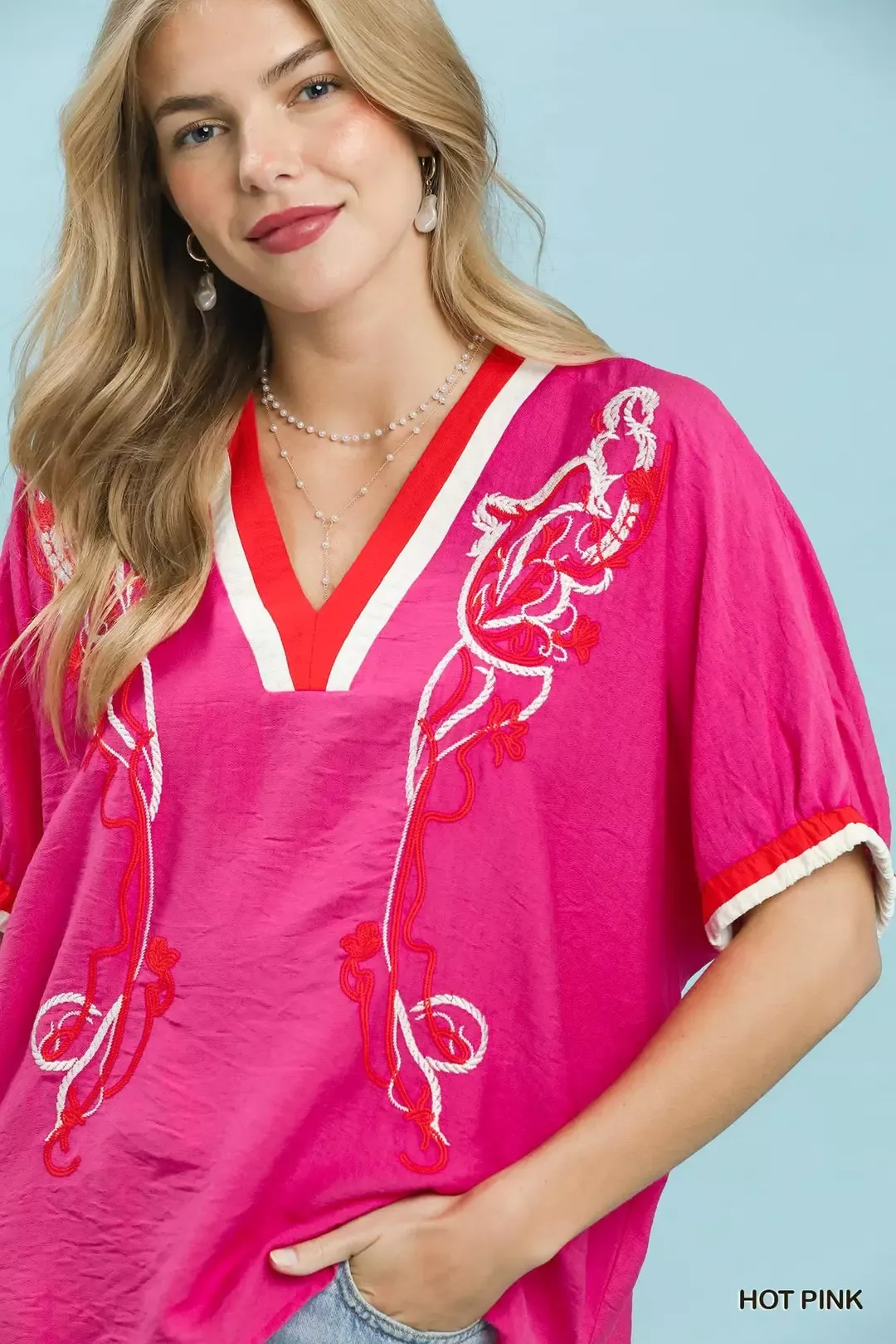 Umgee Embroidered Floral V-Neck Short Sleeve Blouse with Contrast Trim - Image 3