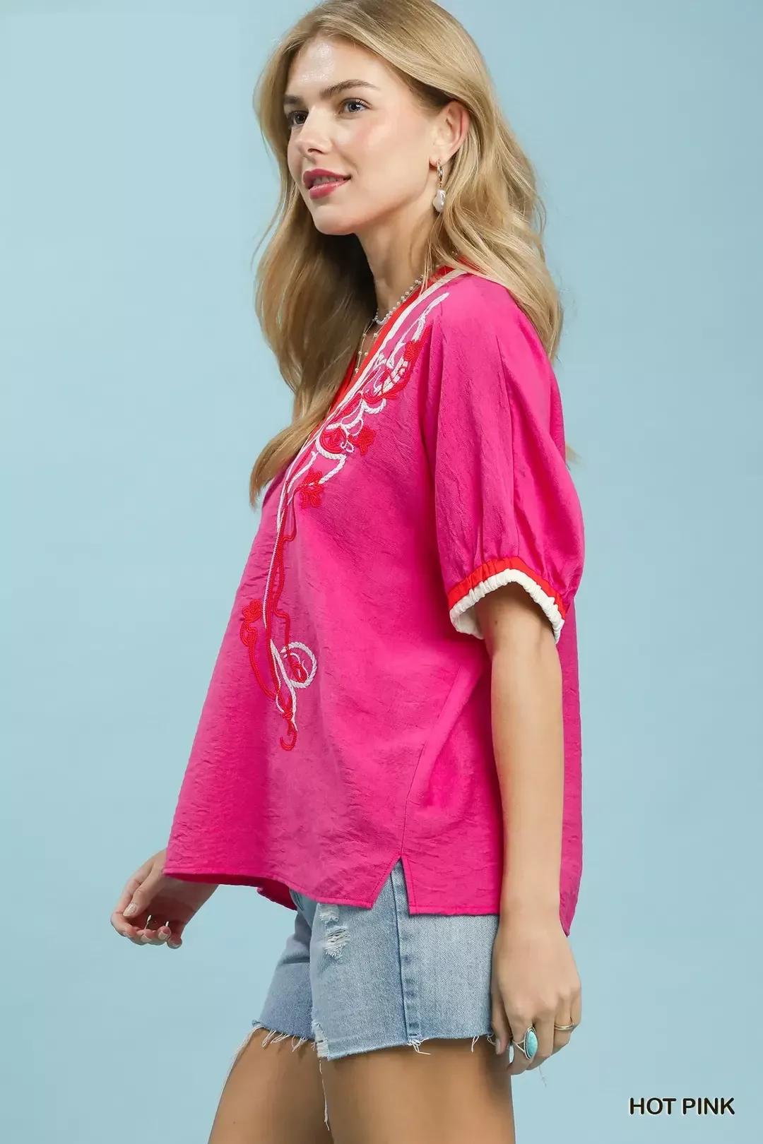 Umgee Embroidered Floral V-Neck Short Sleeve Blouse with Contrast Trim - Image 5