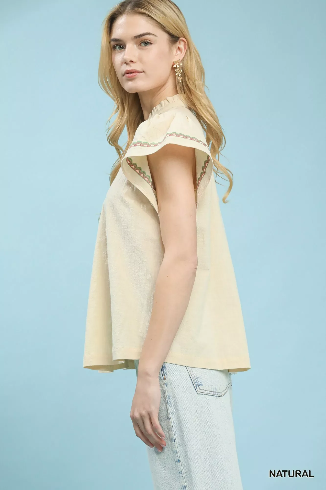 Umgee Embroidered Flutter Sleeve Blouse - Image 2
