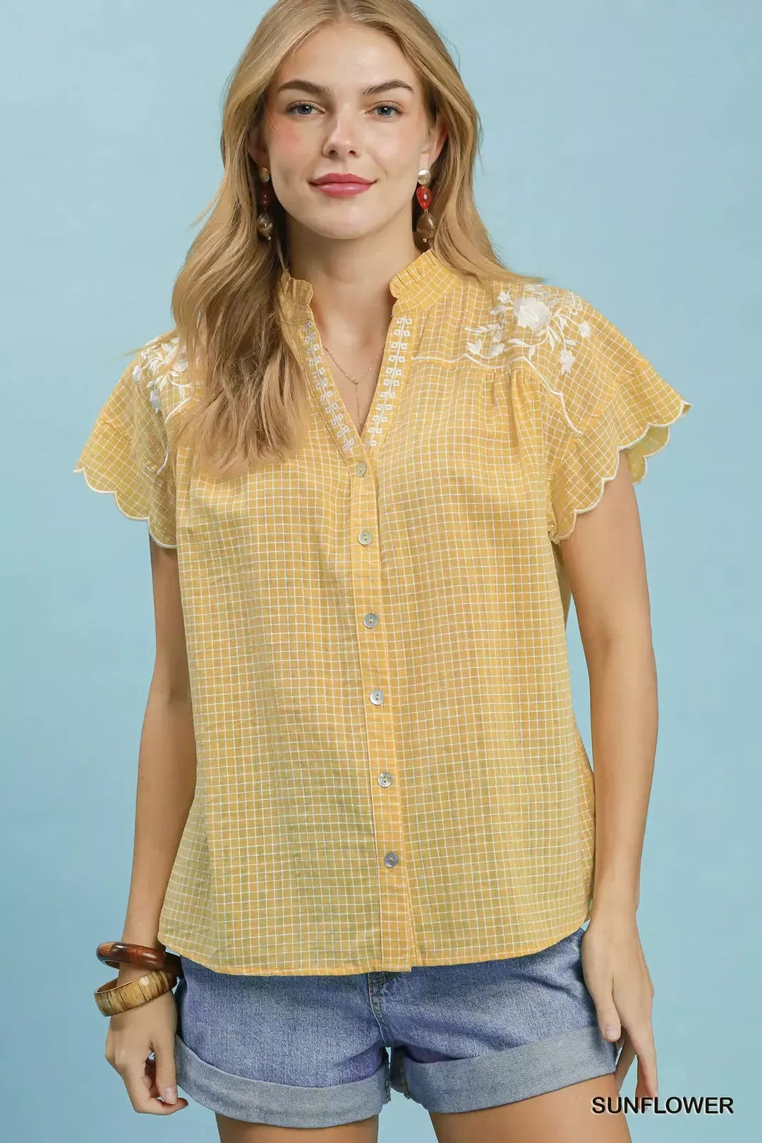 Umgee Embroidered Print Scallop Sleeve Button Front Blouse
