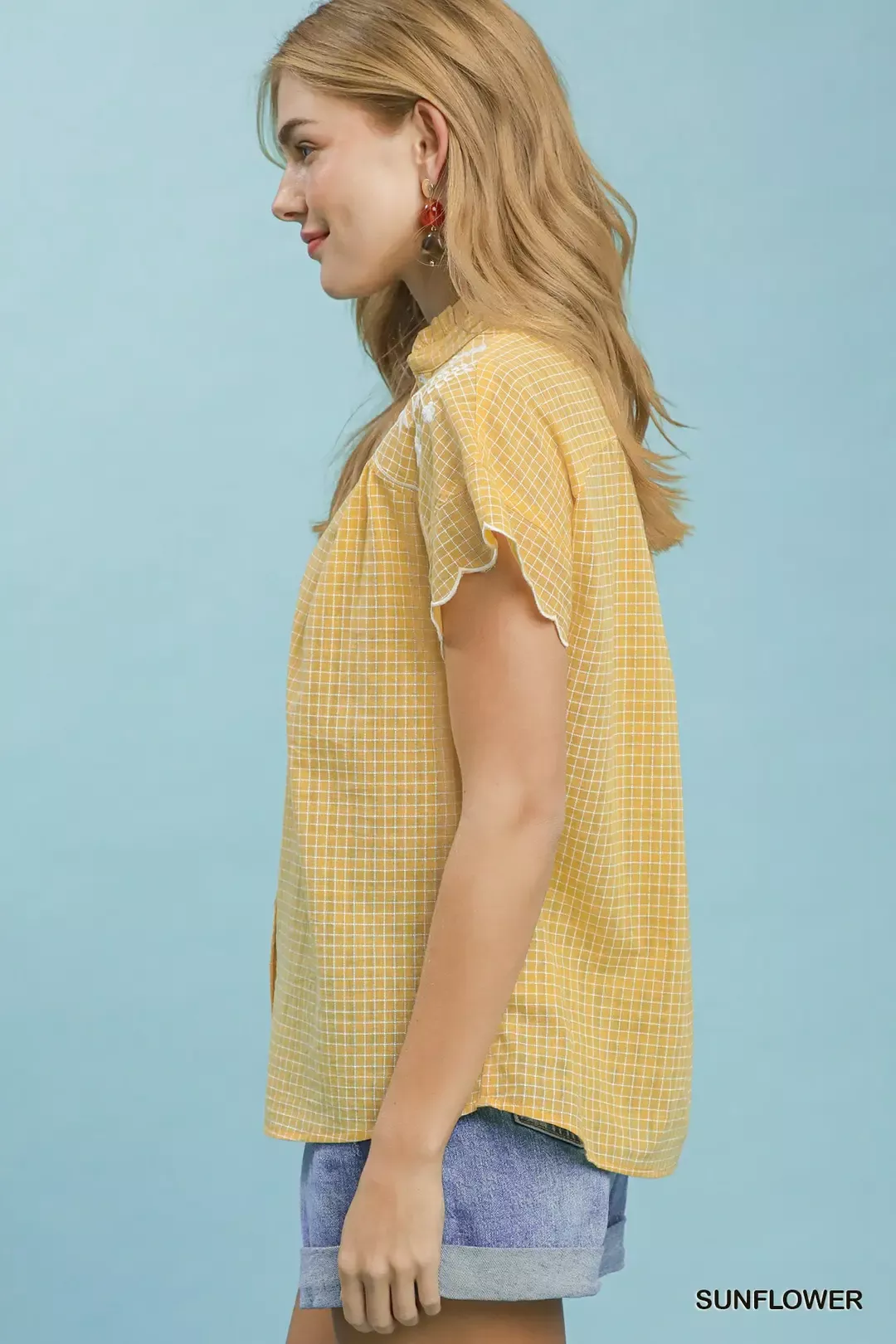 Umgee Embroidered Print Scallop Sleeve Button Front Blouse - Image 2