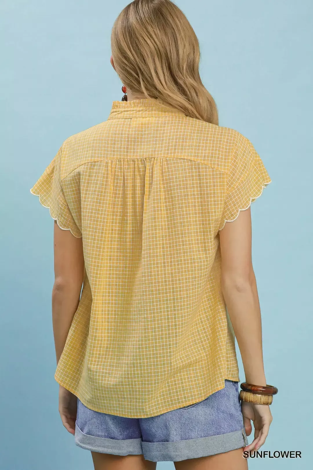 Umgee Embroidered Print Scallop Sleeve Button Front Blouse - Image 3
