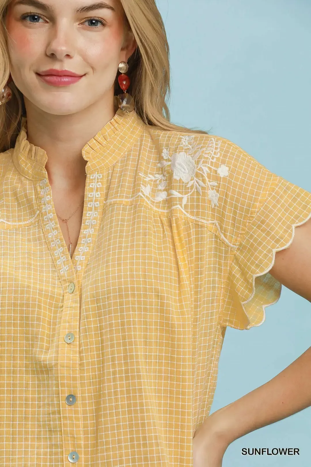 Umgee Embroidered Print Scallop Sleeve Button Front Blouse - Image 4