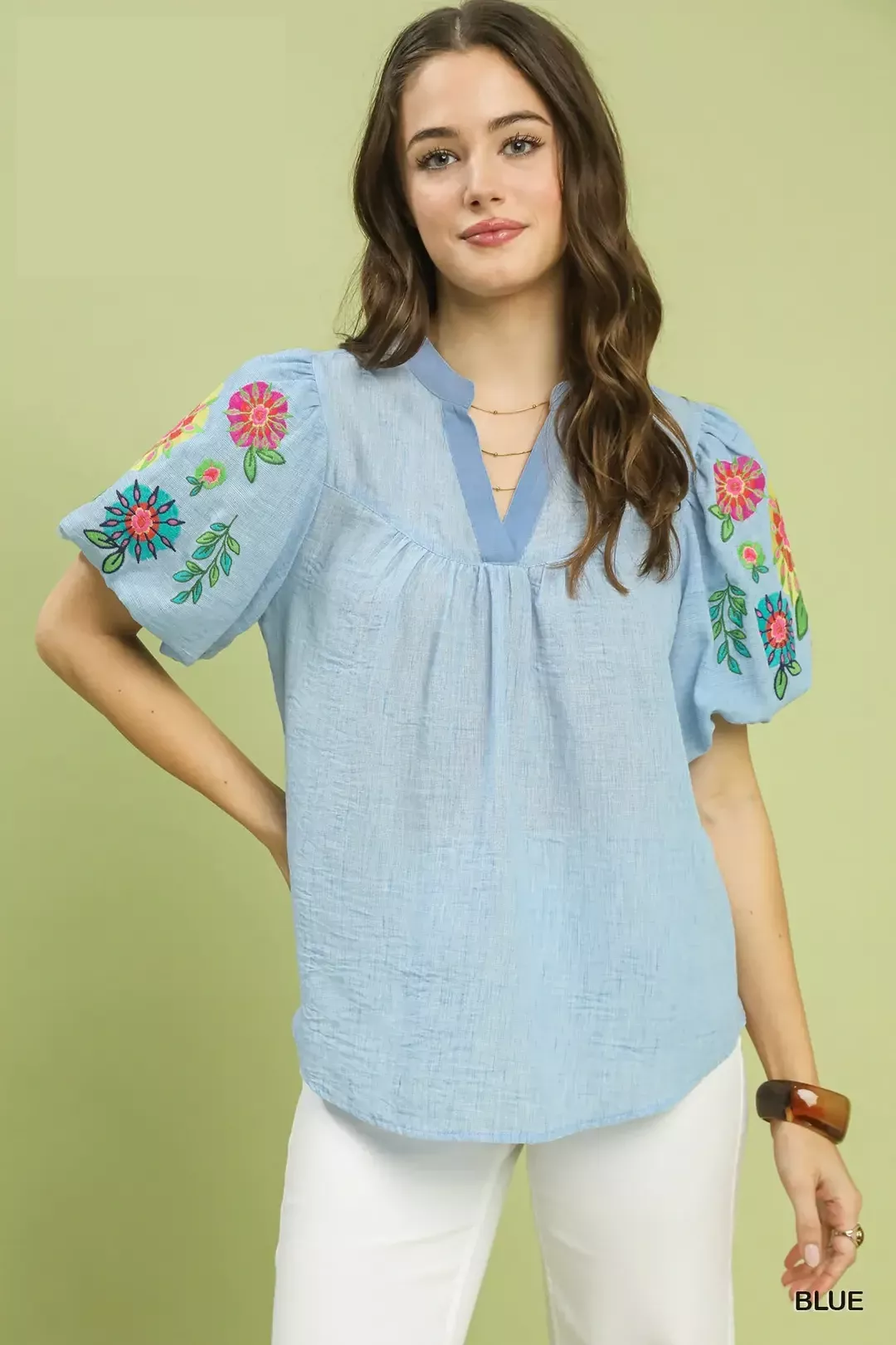 Umgee Embroidered Puff Sleeve Top