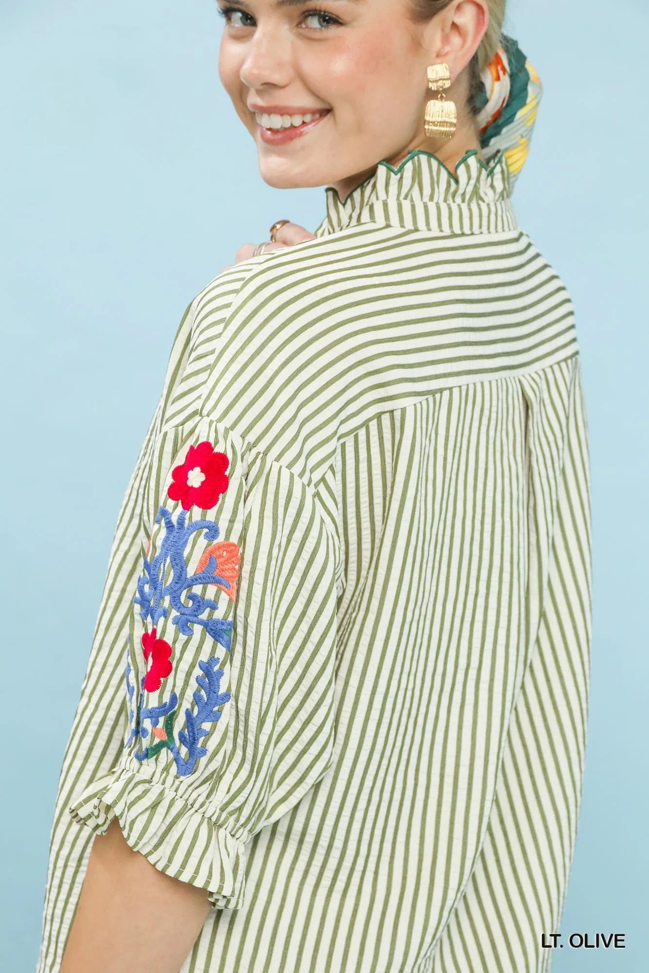 Umgee Embroidered Ruffle Trim Stripe Blouse - Image 4