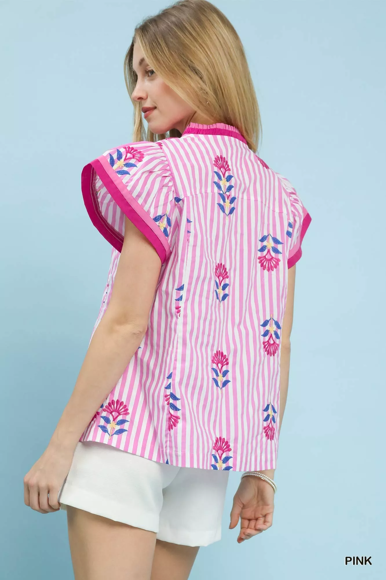 Umgee Embroidered Striped Flutter Sleeve Top - Image 4