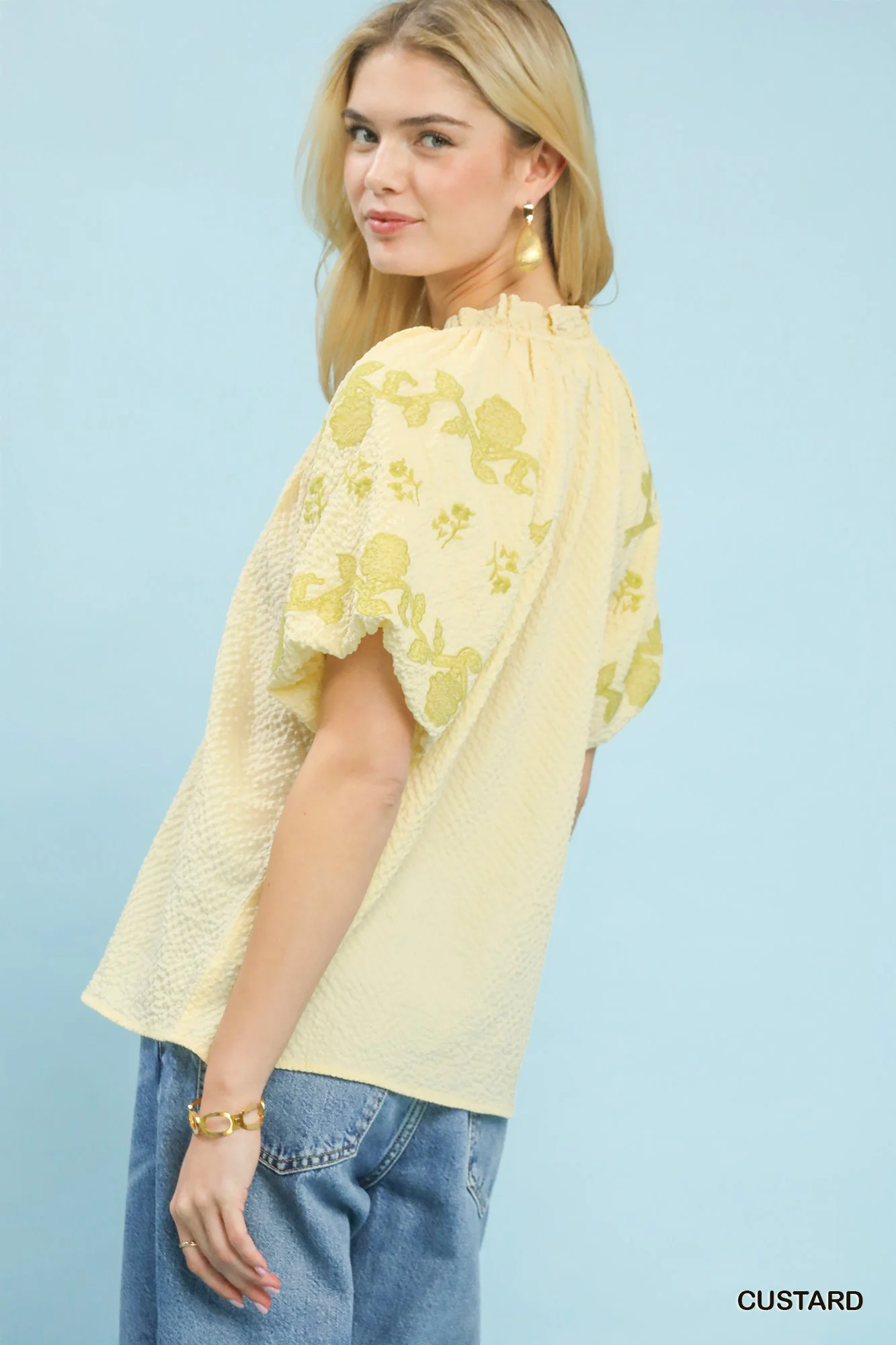 Umgee Embroidered Textured Flutter Sleeve Top - Image 3