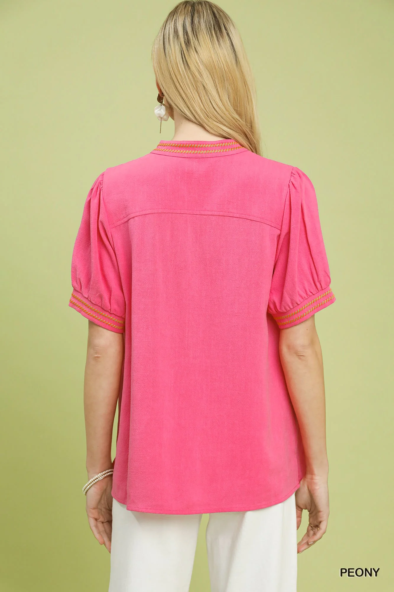 Umgee Embroidery Linen Puff Sleeve Blouse - Image 3