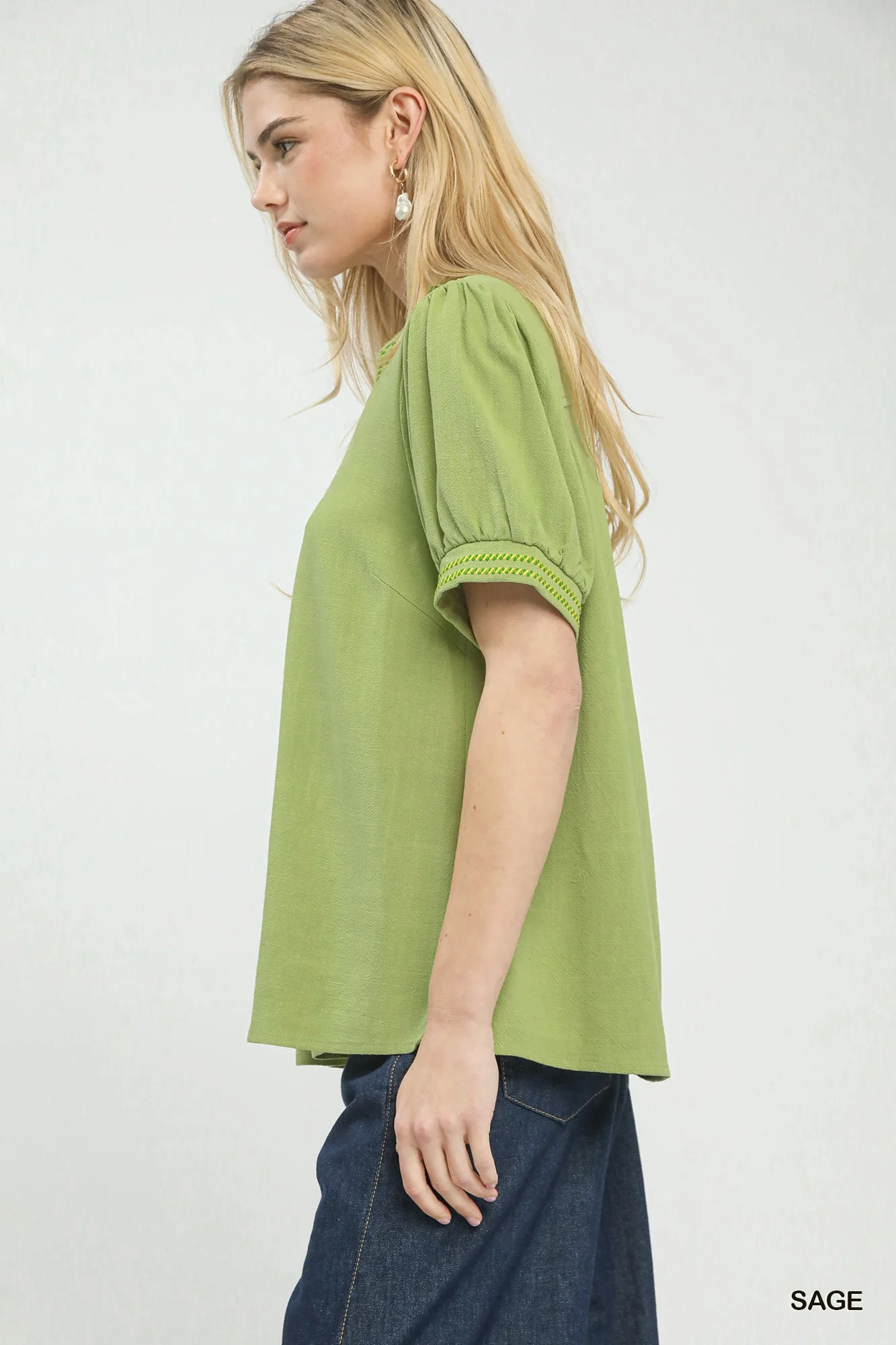 Umgee Embroidery Linen Puff Sleeve Blouse - Image 2