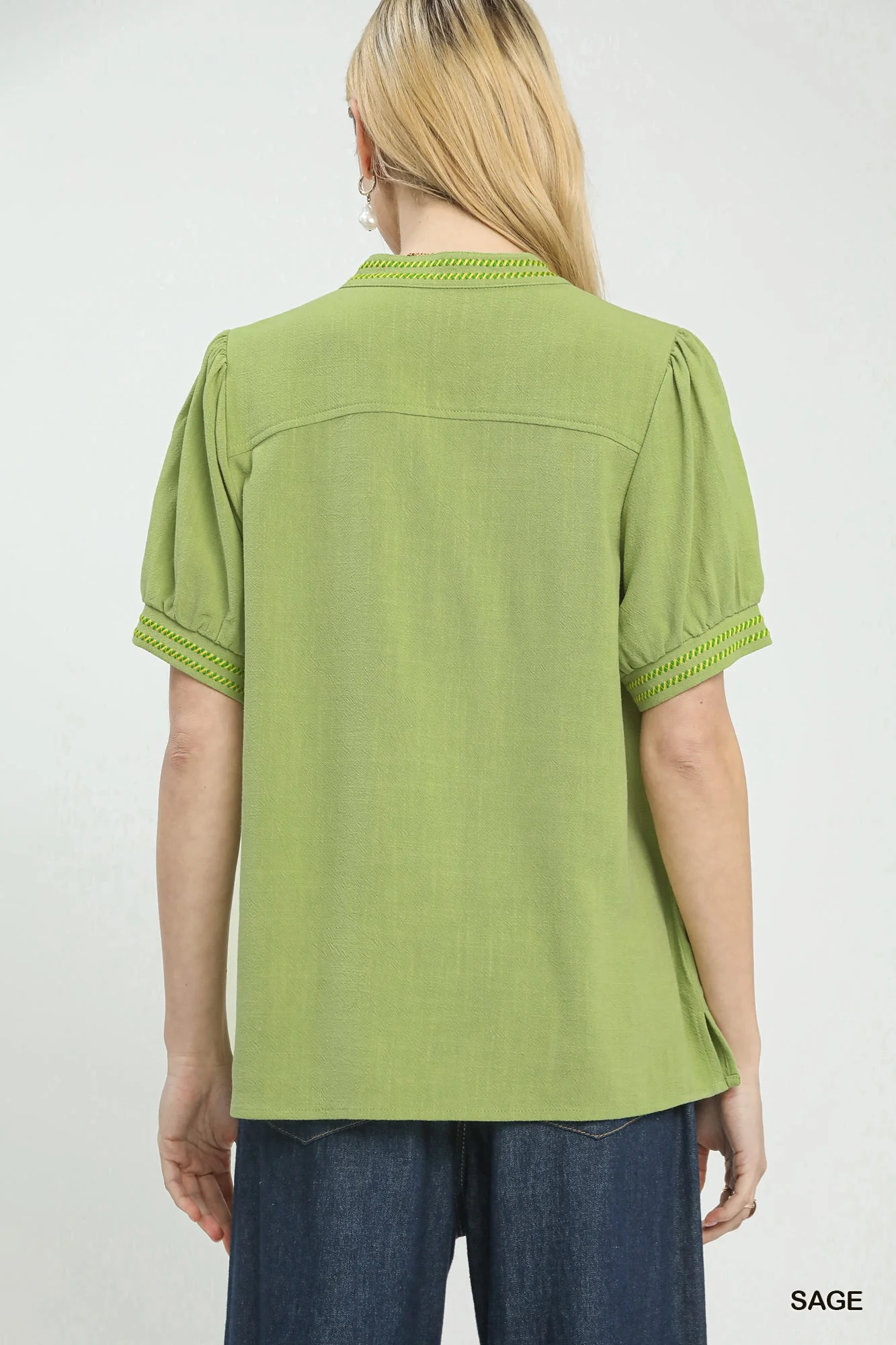 Umgee Embroidery Linen Puff Sleeve Blouse - Image 3