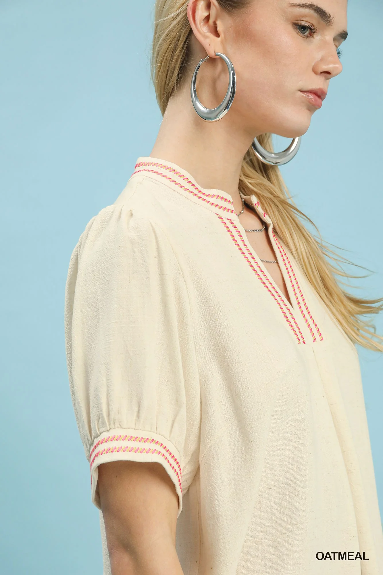 Umgee Embroidery Linen Puff Sleeve Blouse - Image 4