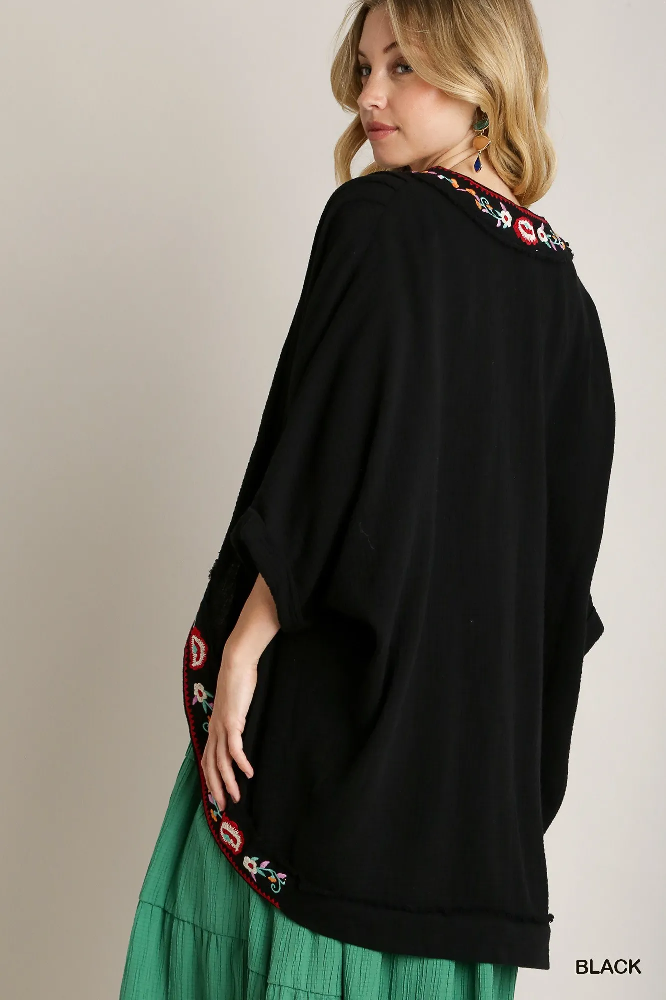 Umgee Embroidery Open Front Kimono with Pleated Shoulder Detail - Image 2