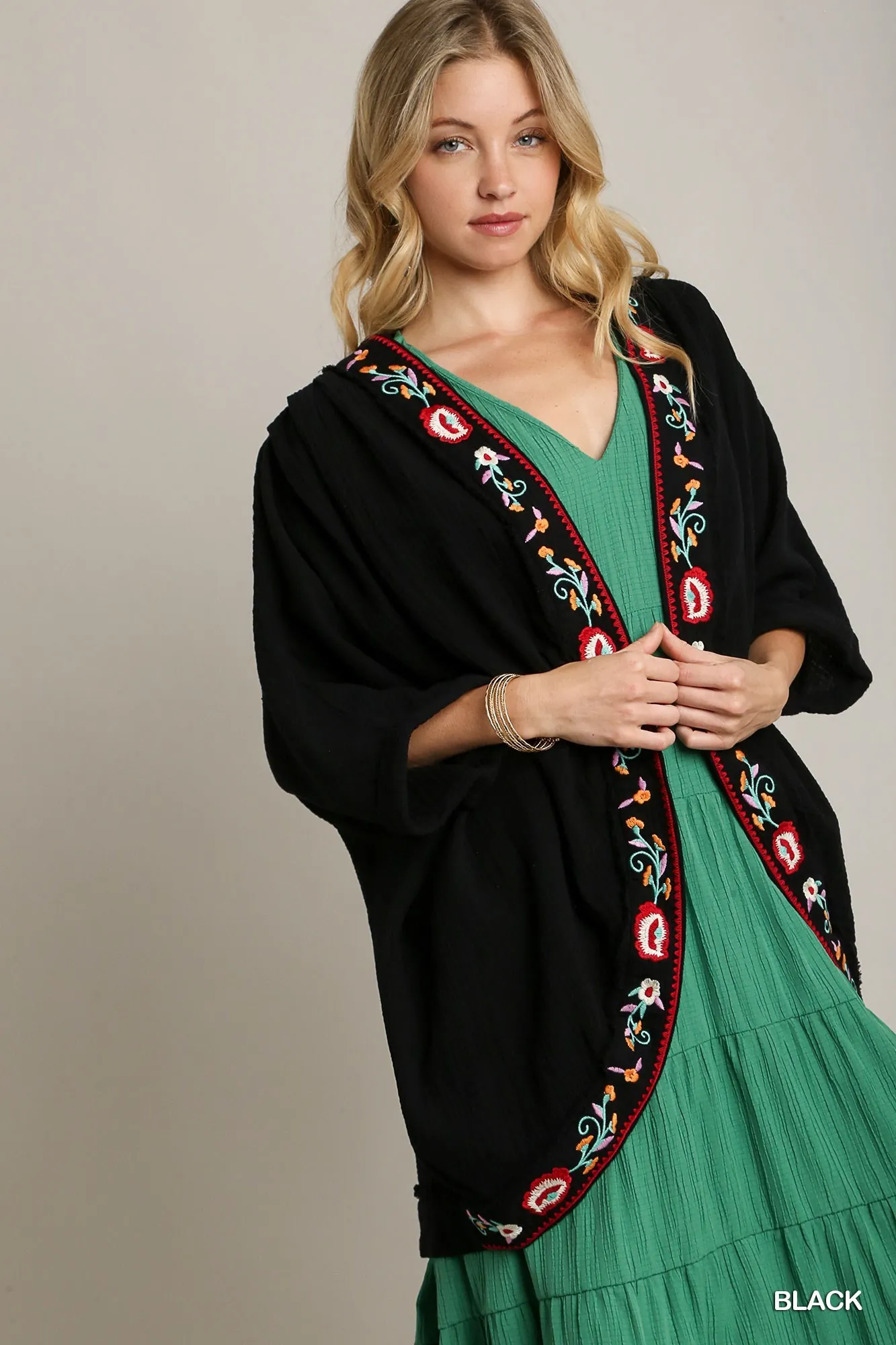 Umgee Embroidery Open Front Kimono with Pleated Shoulder Detail - Image 3