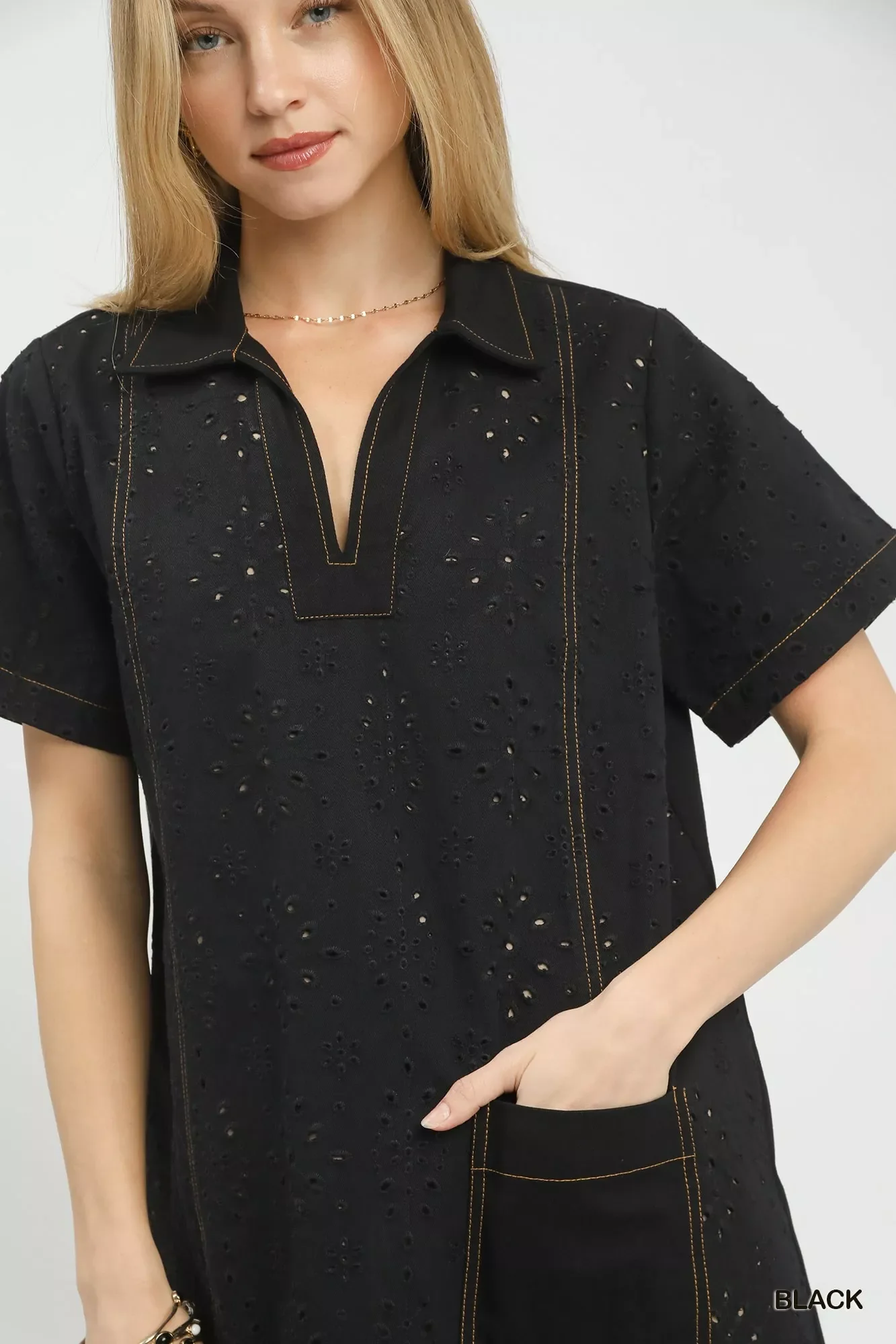 Umgee Eyelet Short Sleeve Shift Dress with Pocket - Image 6