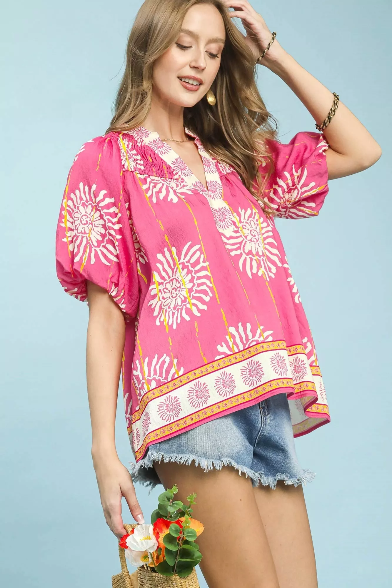 Umgee Floral Border Smocked V-Neck Boho Blouse - Image 2