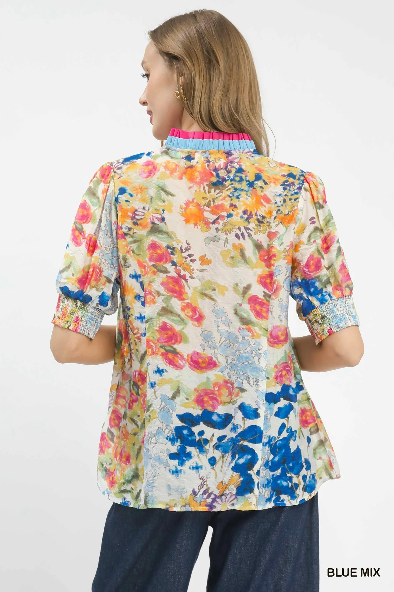 Umgee Floral Contrast Pleat Neck Top - Image 3