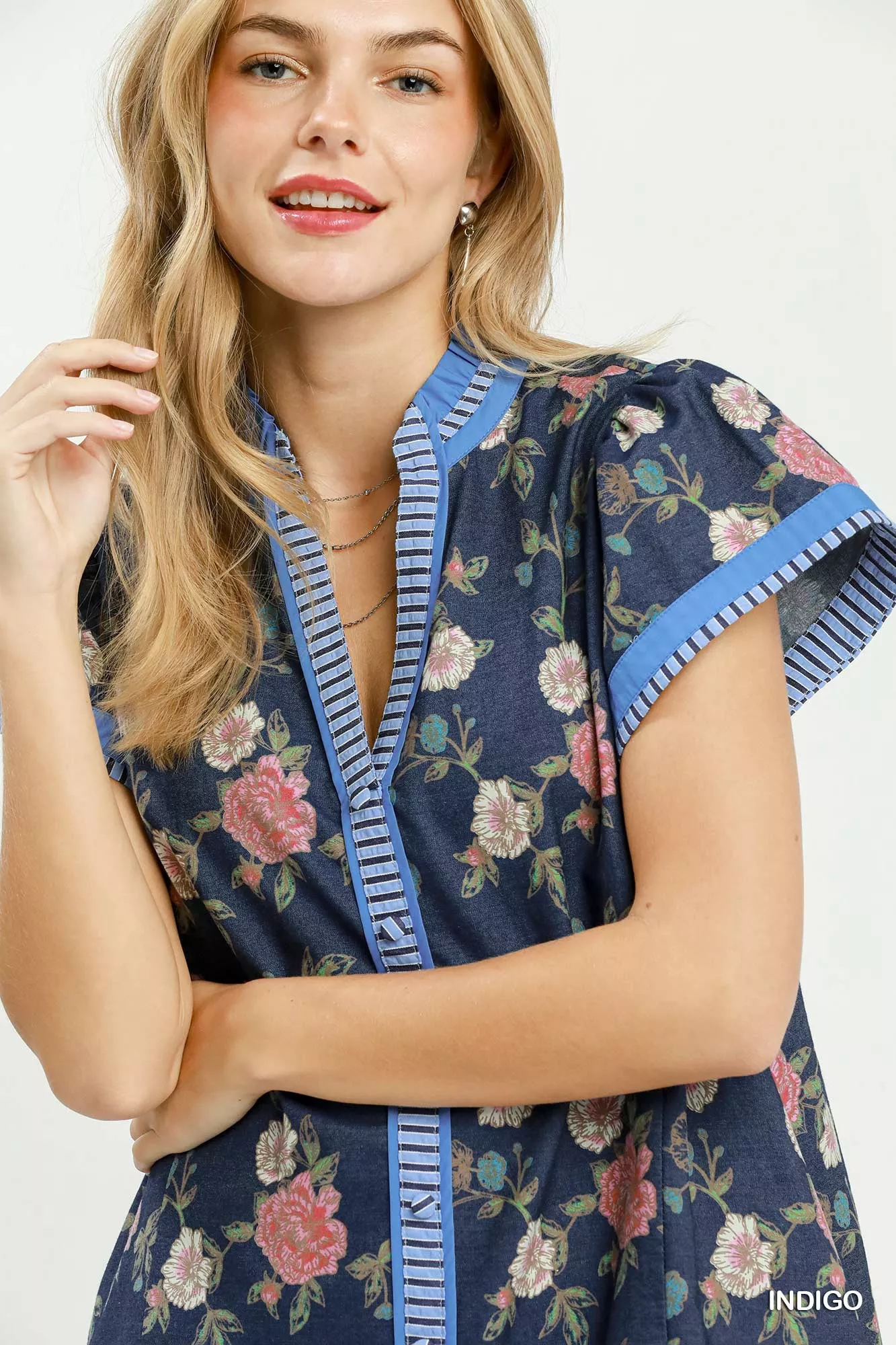 Umgee Floral Contrast Trim Ruffle Hem Mini Dress - Image 6