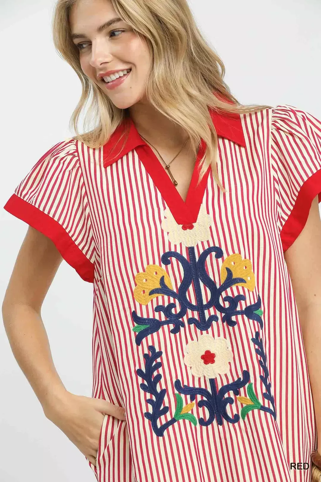Umgee Floral Embroidered Stripe Dress with Side Slits - Image 5
