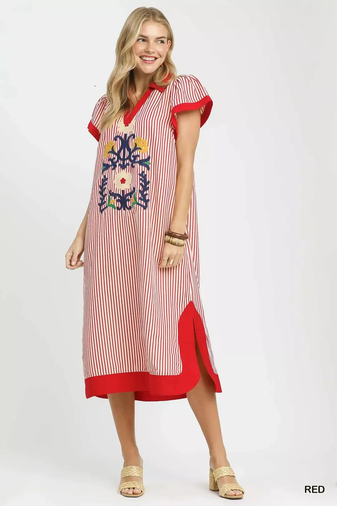 Umgee Floral Embroidered Stripe Dress with Side Slits - Image 7