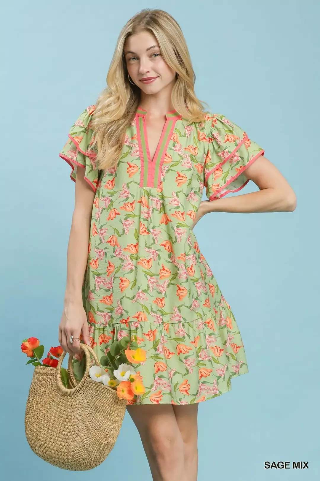 Umgee Floral Flutter Sleeve Tiered Dress