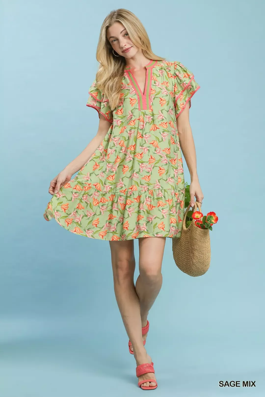 Umgee Floral Flutter Sleeve Tiered Dress - Image 6