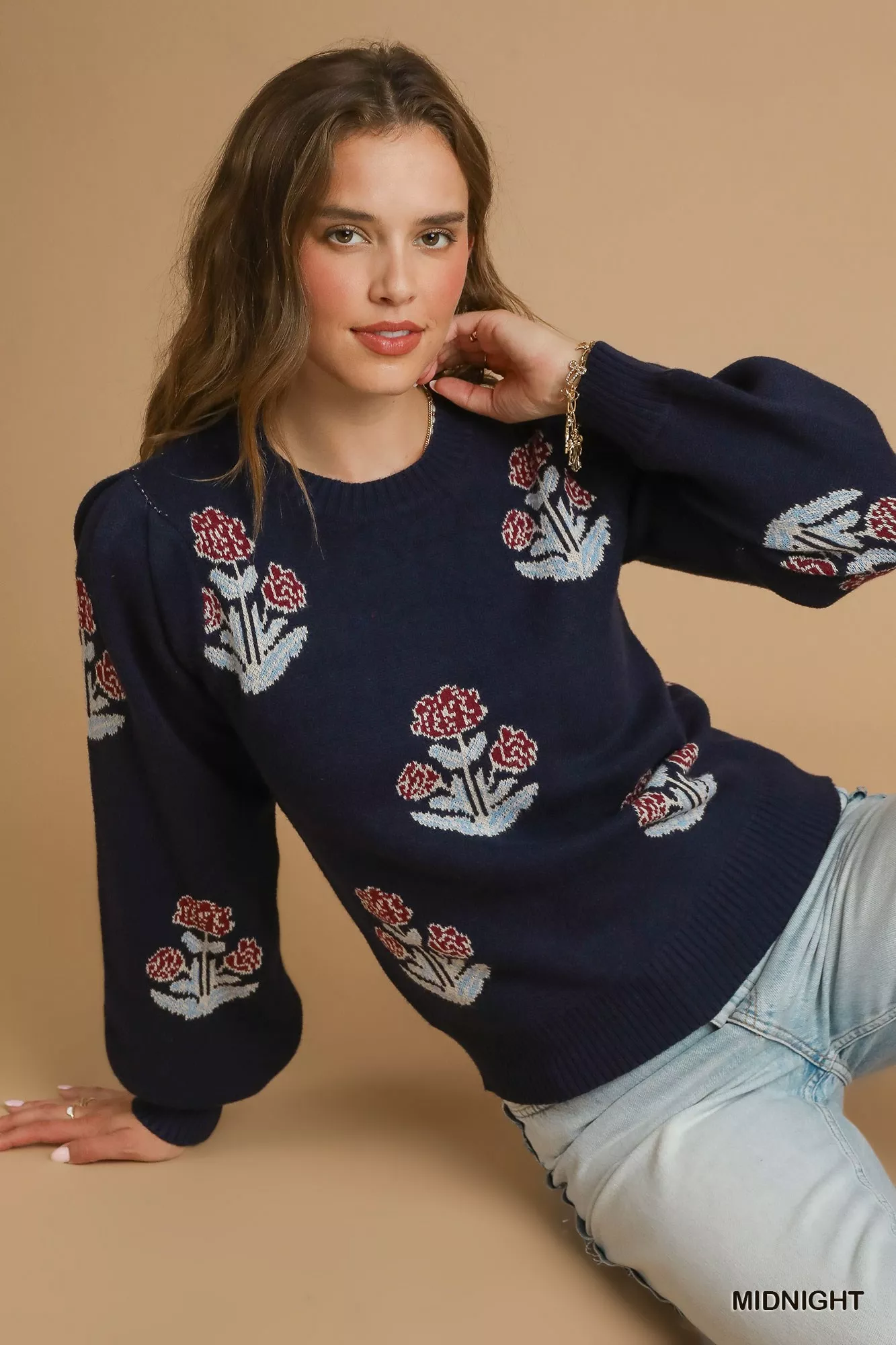 Umgee Floral Knit Sweater with Puff Sleeves - Image 5
