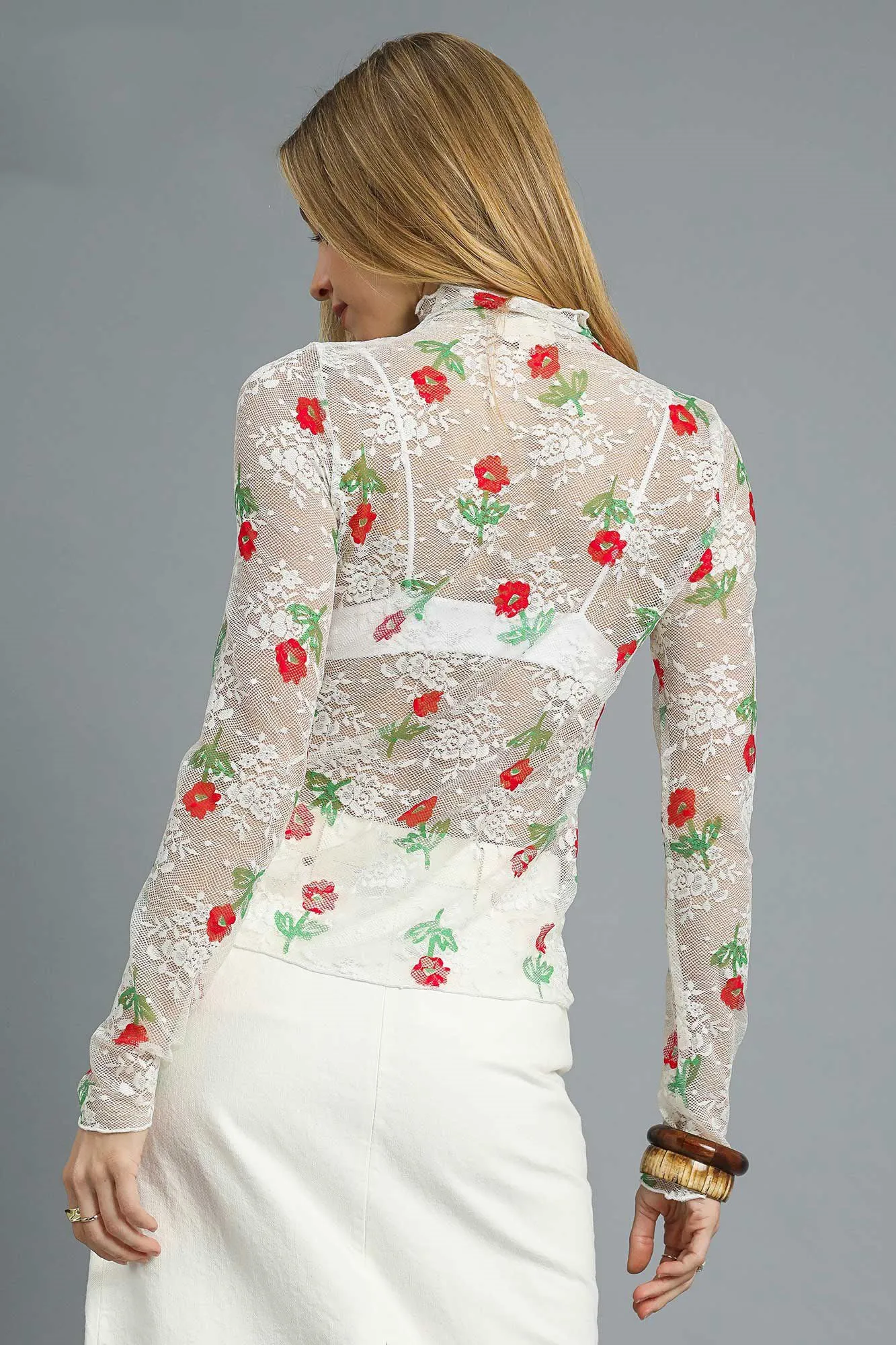 Umgee Floral Mock Neck Long Sleeve Sheer Top - Image 3