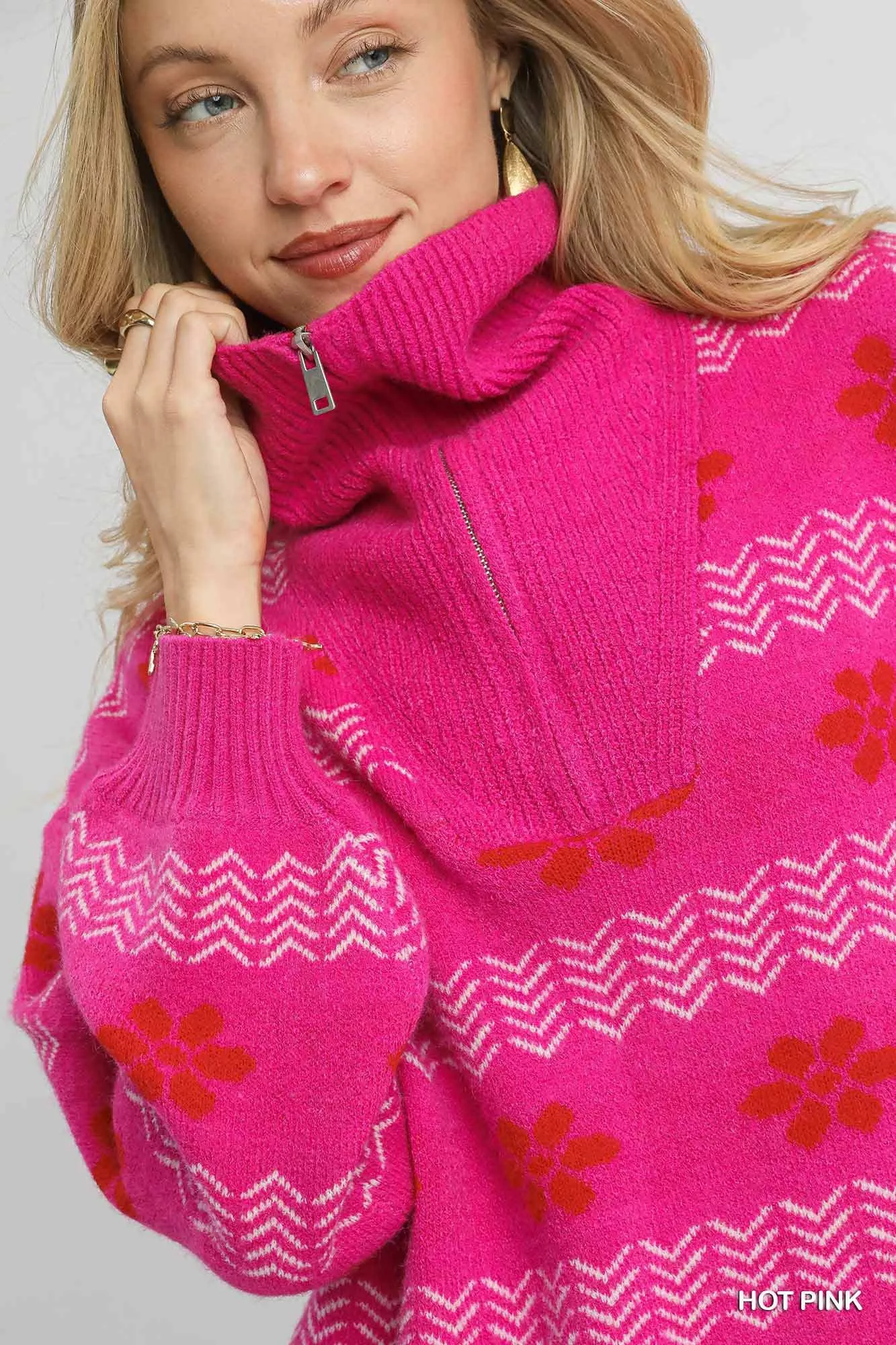 Umgee Floral Patterned Jacquard Quarter-Zip Pullover Sweater - Image 6