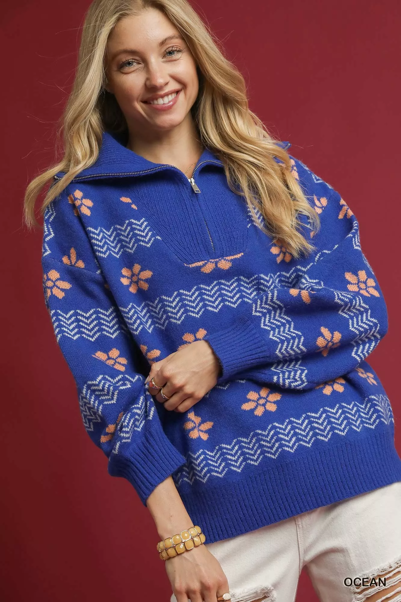 Umgee Floral Patterned Jacquard Quarter-Zip Pullover Sweater - Image 2