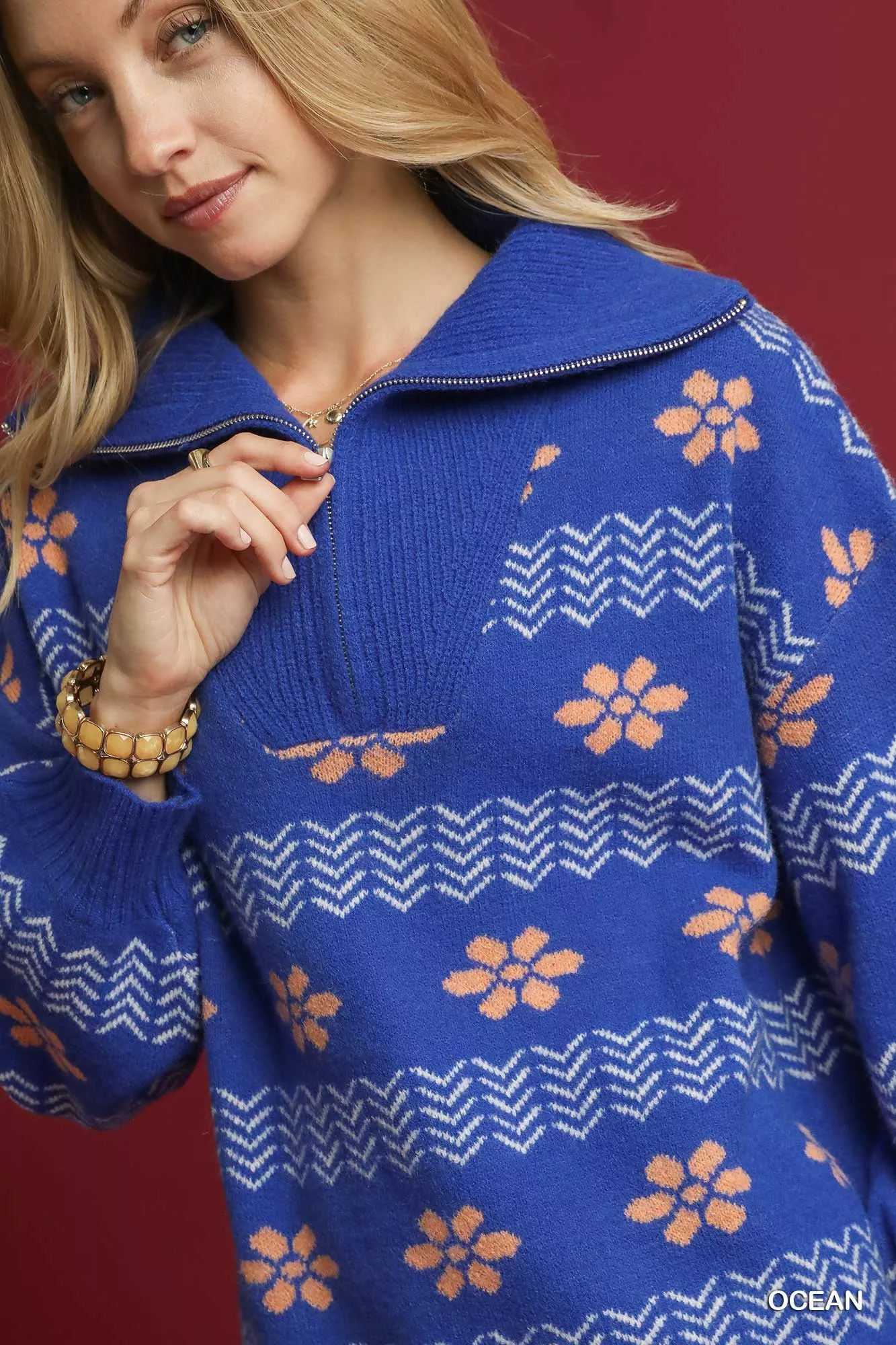 Umgee Floral Patterned Jacquard Quarter-Zip Pullover Sweater - Image 6