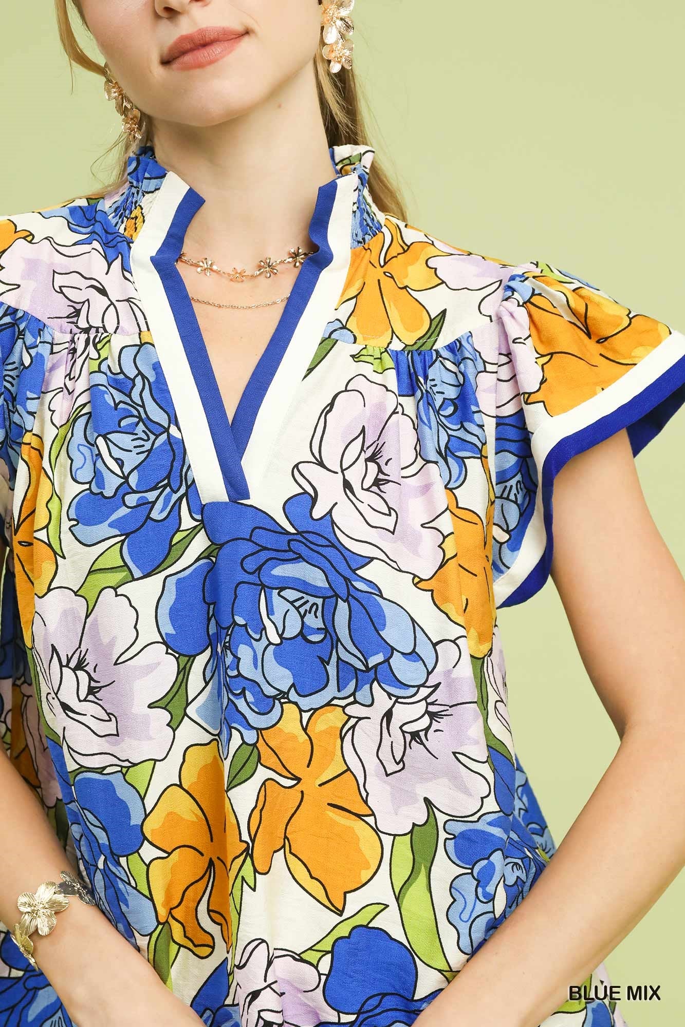 Umgee Floral Print Blouse with Contrast Trim - Image 4
