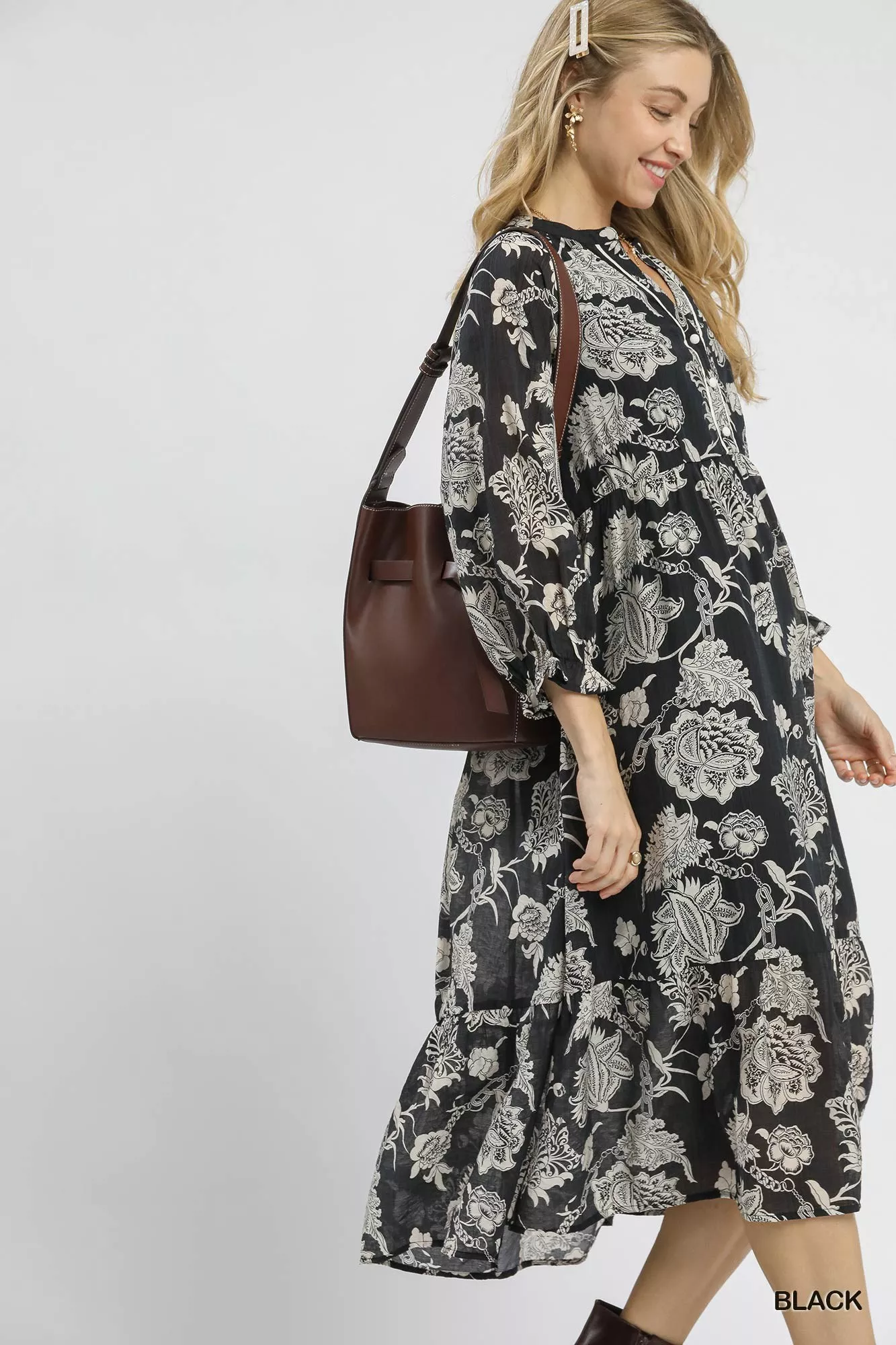 Umgee Floral Print Boho Midi Dress - Image 4