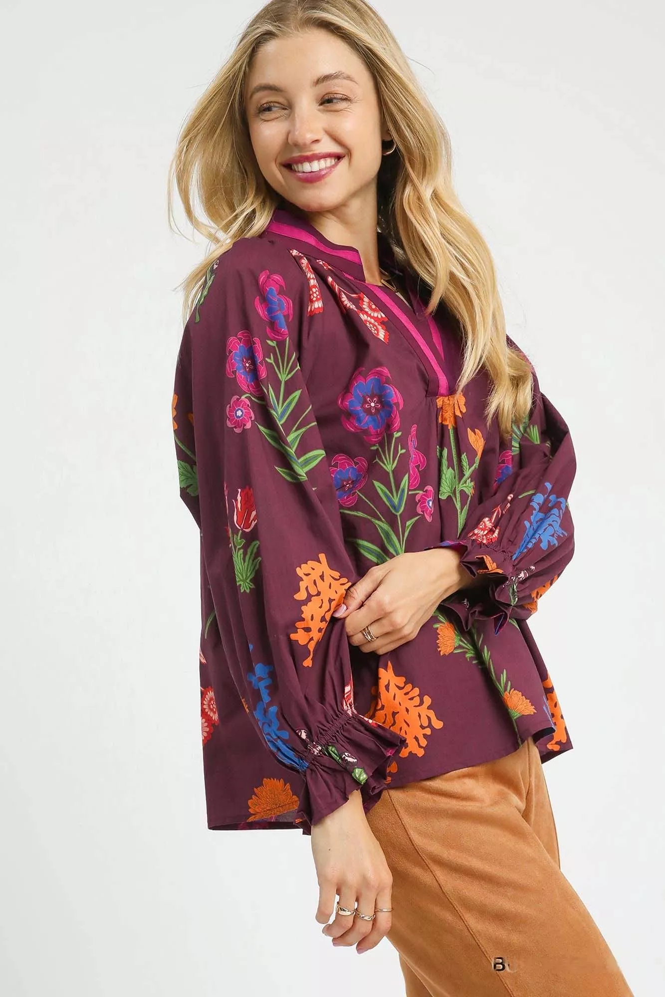 Umgee Floral Print Flounce Sleeve Blouse - Image 2