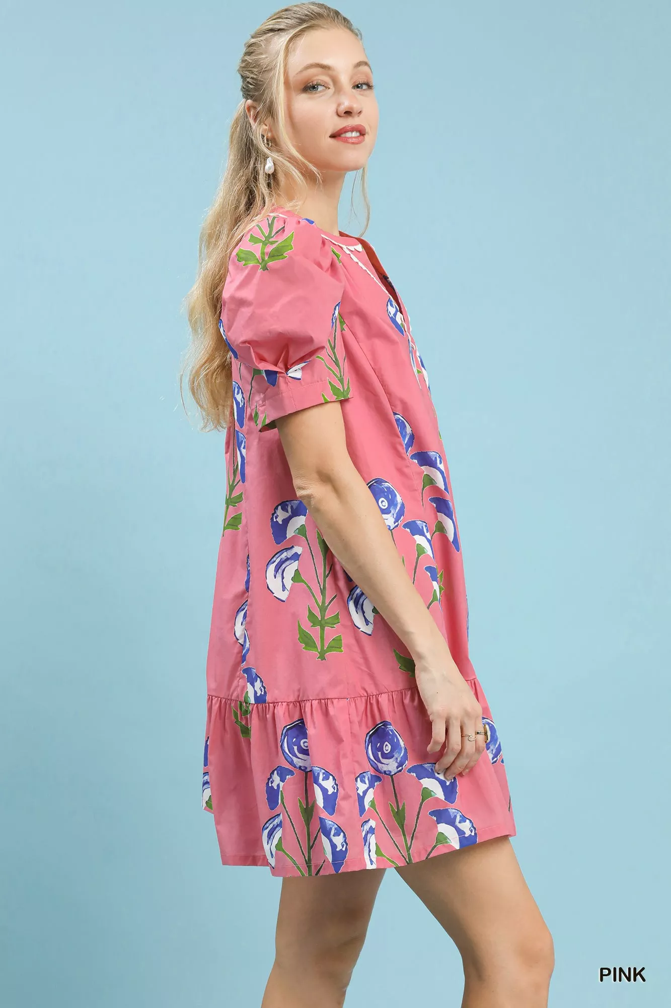 Umgee Floral Print Puff Sleeve Mini Dress with Scallop Trim - Image 2