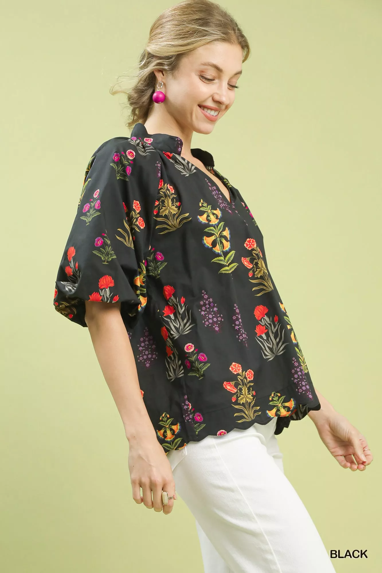 Umgee Floral Print Puff Sleeve Scallop Hem Blouse - Image 2